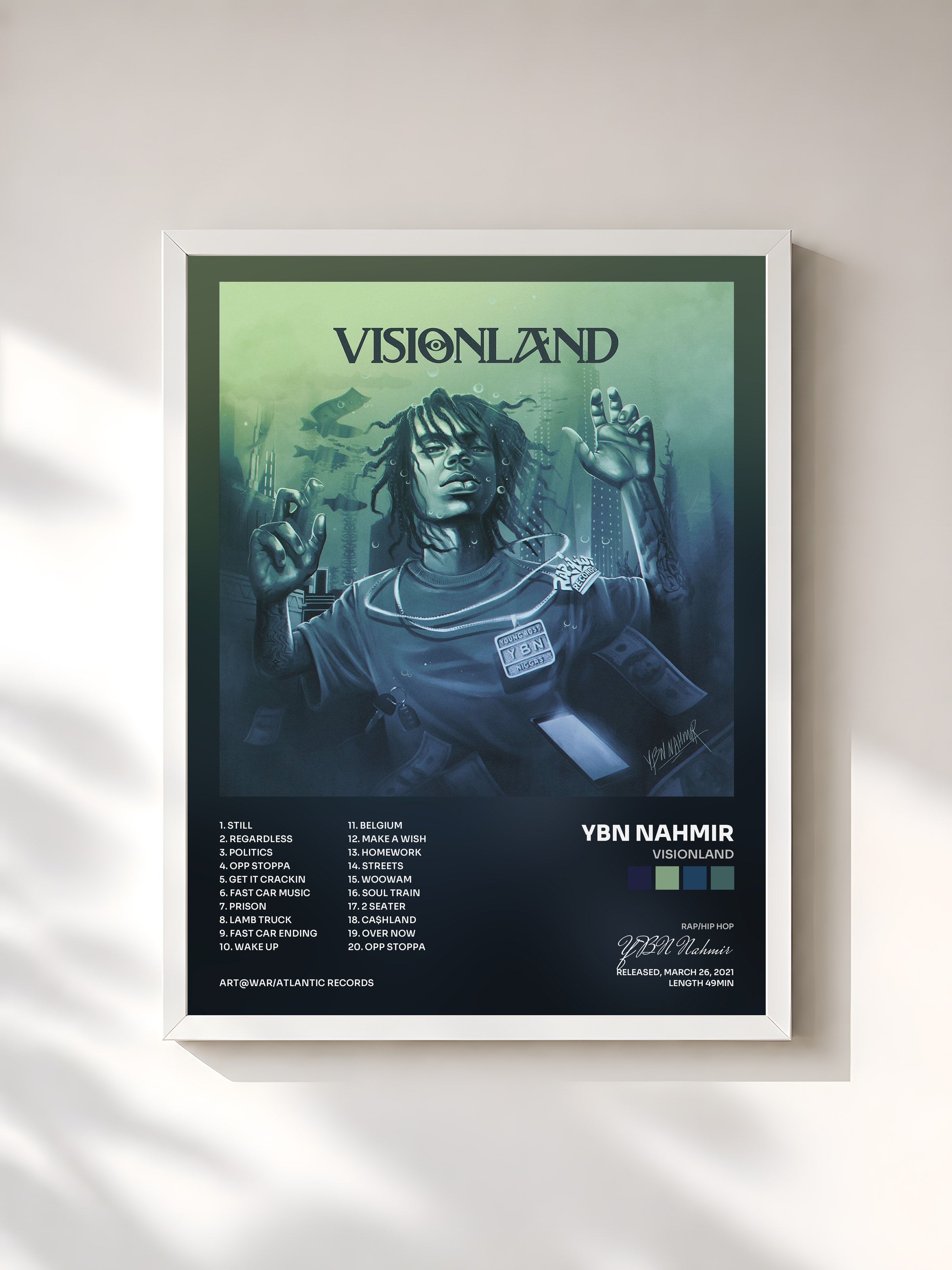 #blanc Tableau de l'album VISIONLAND de YBN Nahmir, cadre blanc, imprimé et encadré en France