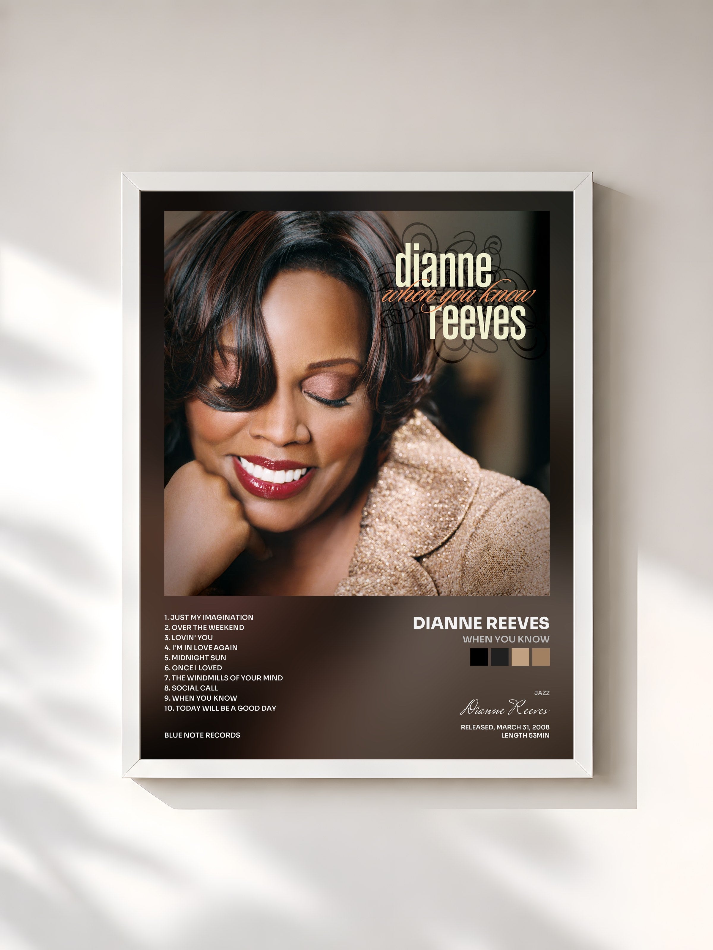#blanc Tableau de l'album When You Know de Dianne Reeves, cadre blanc, imprimé et encadré en France