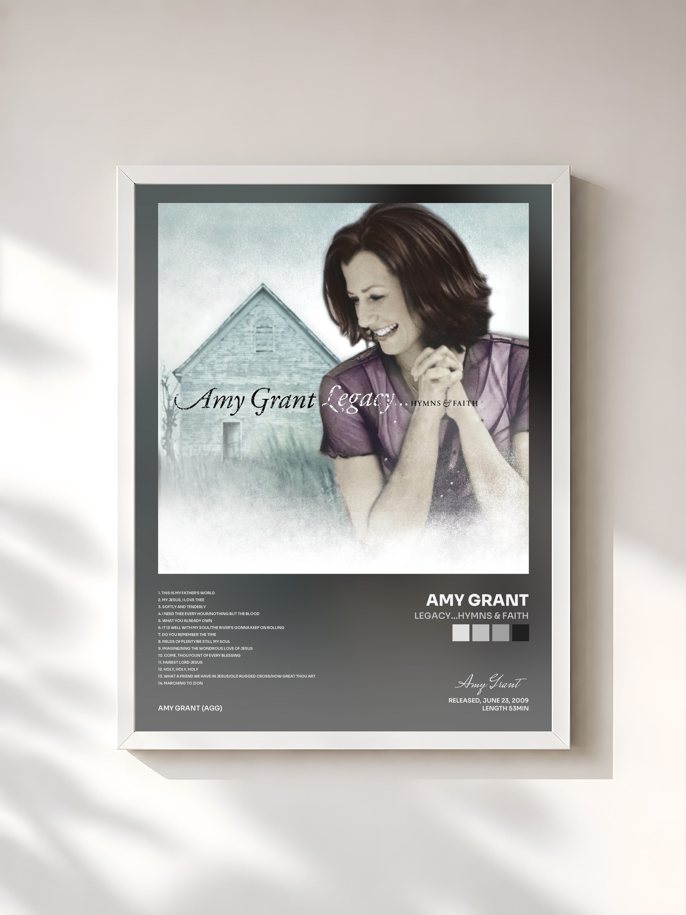 #blanc Tableau de l'album Legacy...Hymns & Faith de Amy Grant, cadre blanc, imprimé et encadré en France