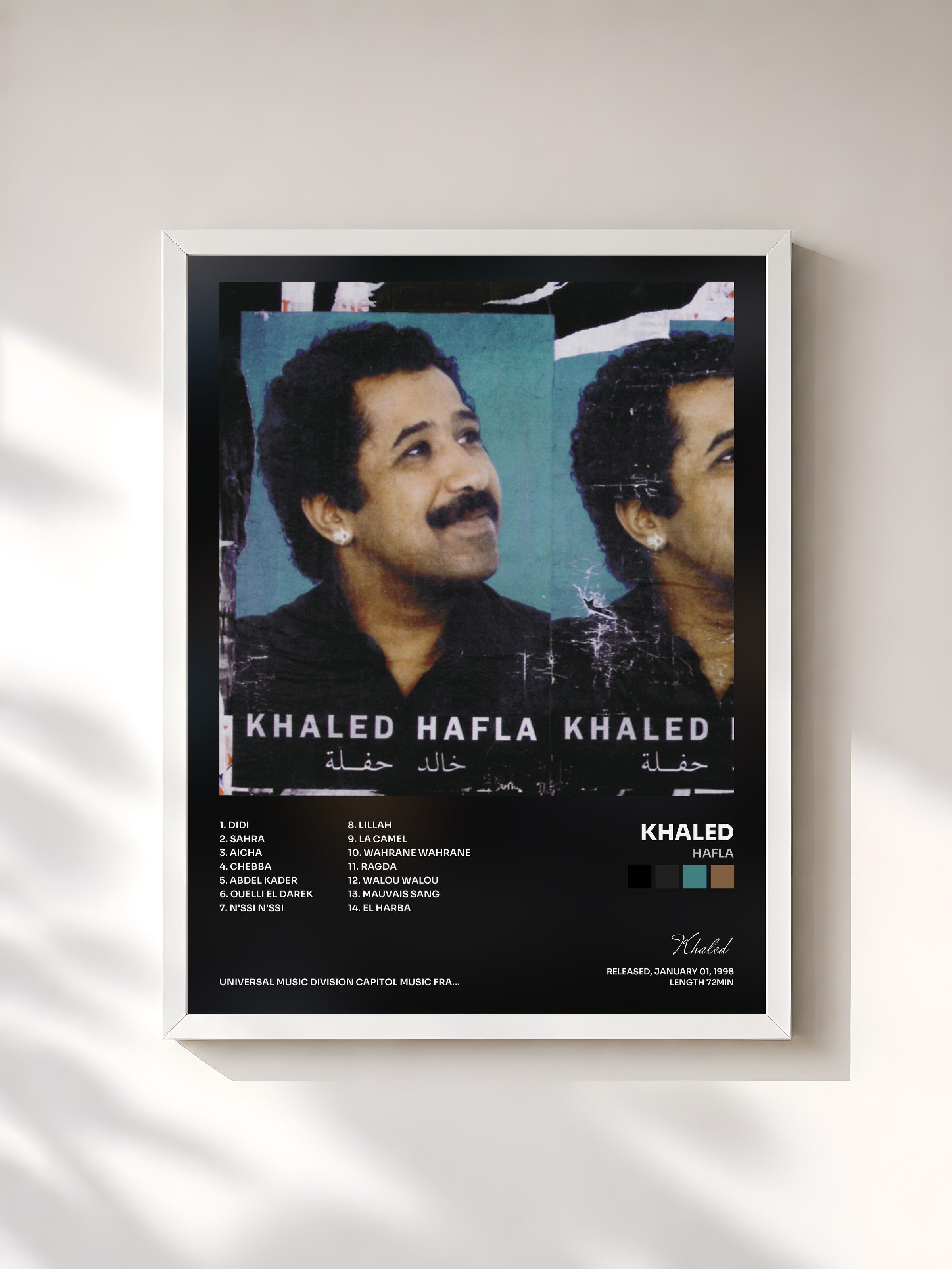 #blanc Tableau de l'album Hafla de Khaled, cadre blanc, imprimé et encadré en France