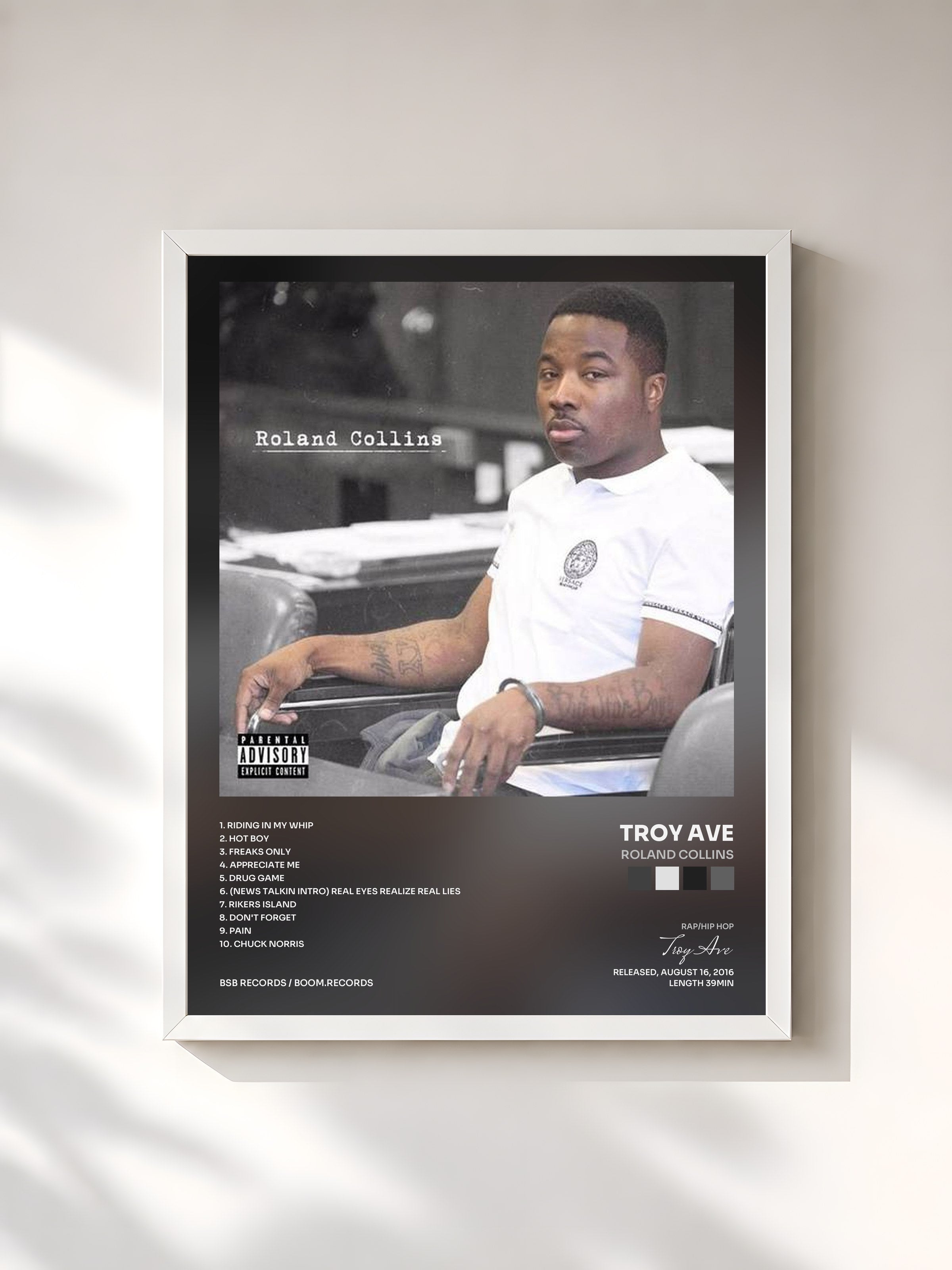#blanc Tableau de l'album Roland Collins de Troy Ave, cadre blanc, imprimé et encadré en France