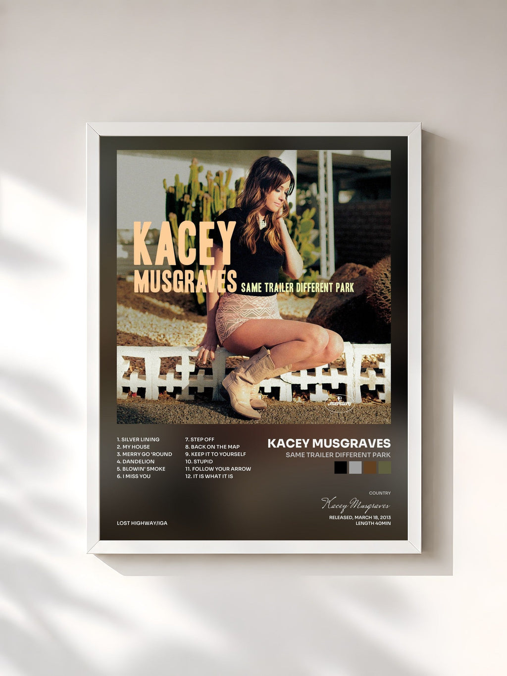 #blanc Same Trailer Different Park by Kacey Musgraves as a framed art print, white frame, printed and framed in France
