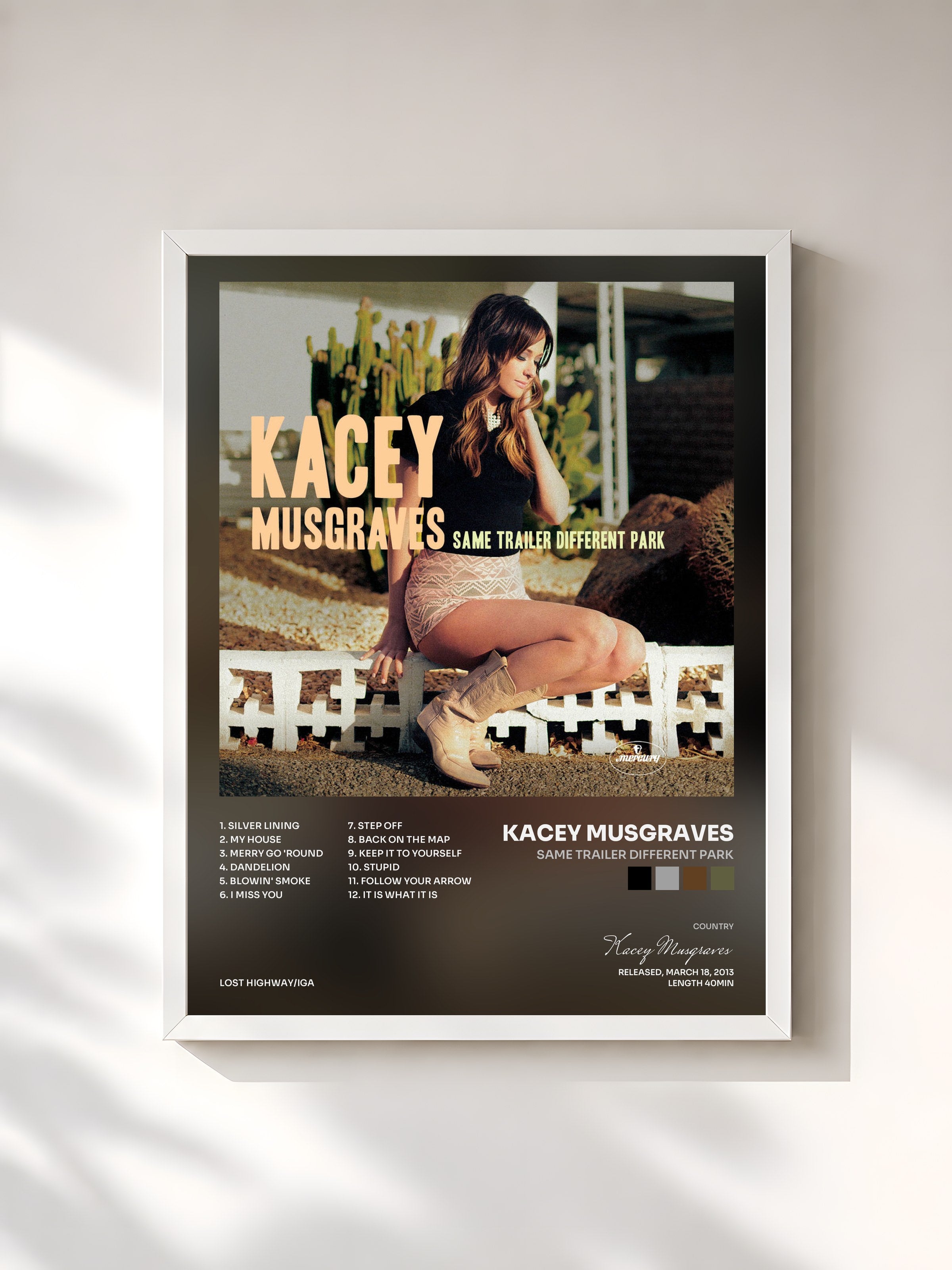 #blanc Tableau de l'album Same Trailer Different Park de Kacey Musgraves, cadre blanc, imprimé et encadré en France