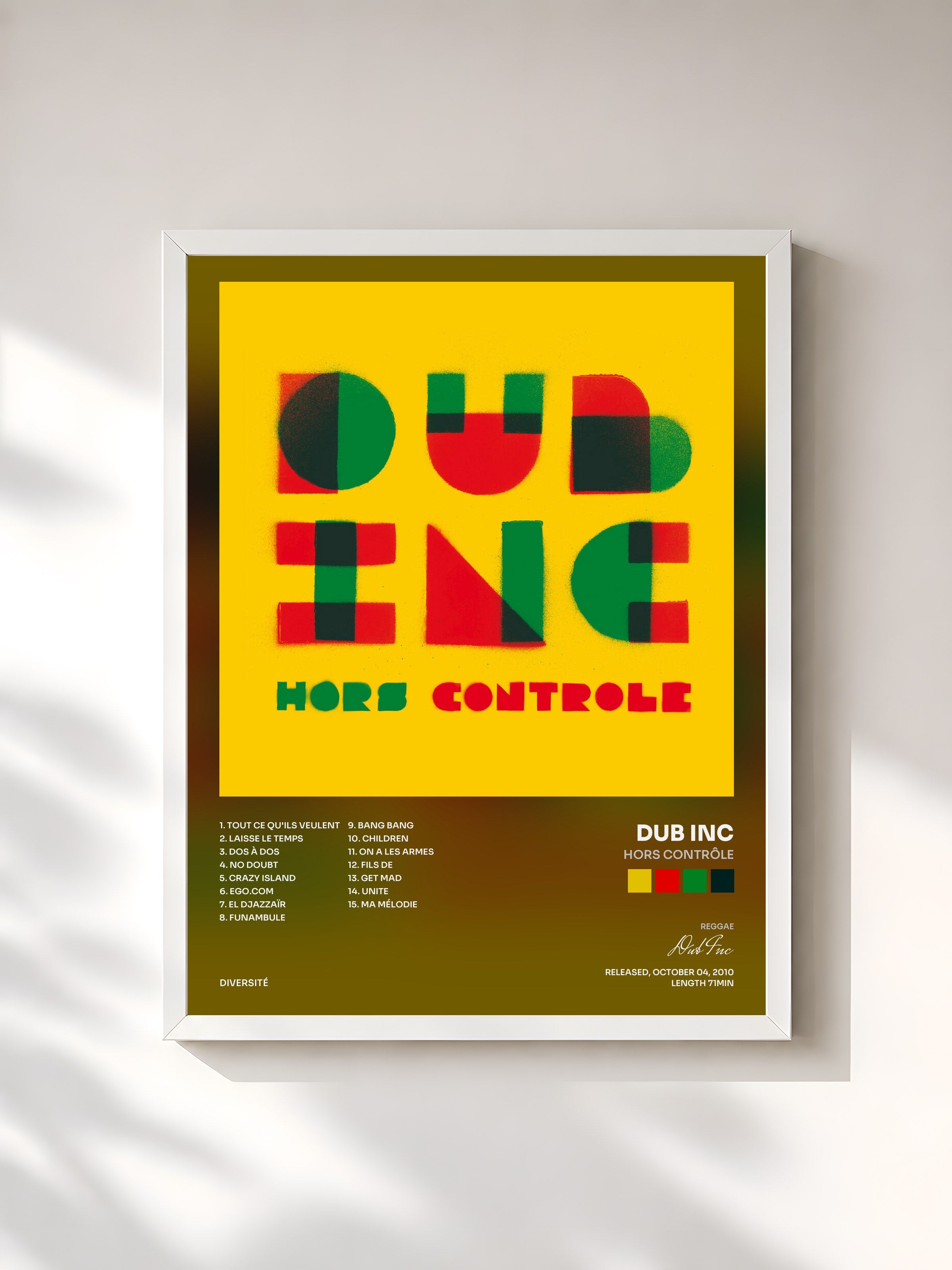 #blanc Tableau de l'album Hors contrôle de Dub Inc, cadre blanc, imprimé et encadré en France