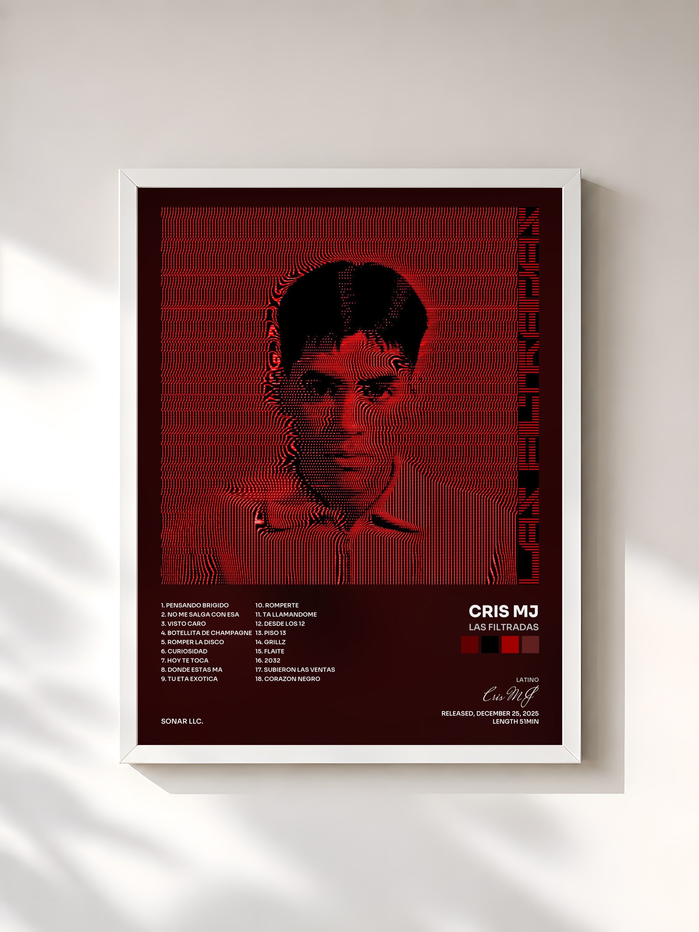 #blanc Tableau de l'album LAS FILTRADAS de Cris MJ, cadre blanc, imprimé et encadré en France