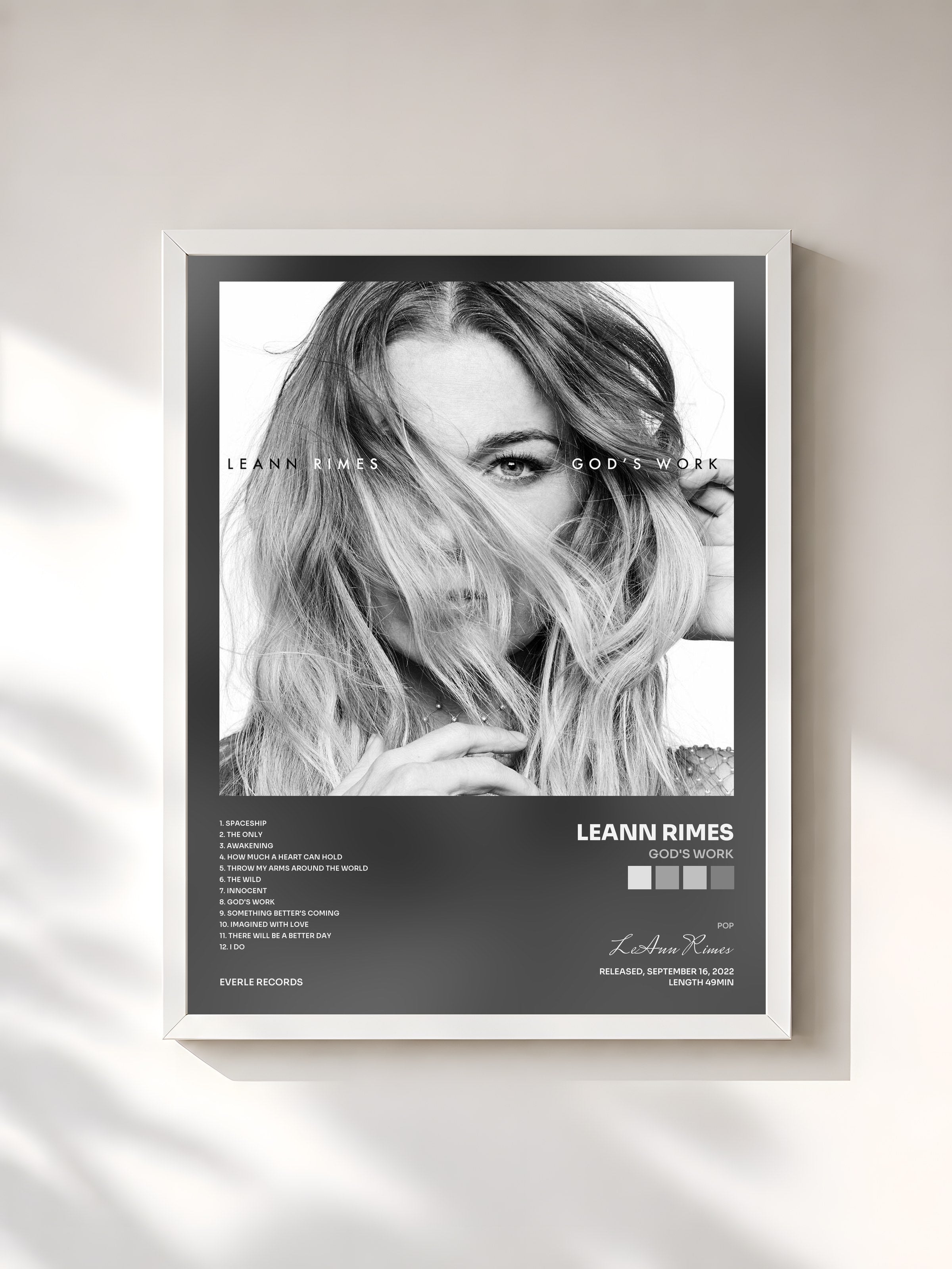 #blanc Tableau de l'album god's work de LeAnn Rimes, cadre blanc, imprimé et encadré en France