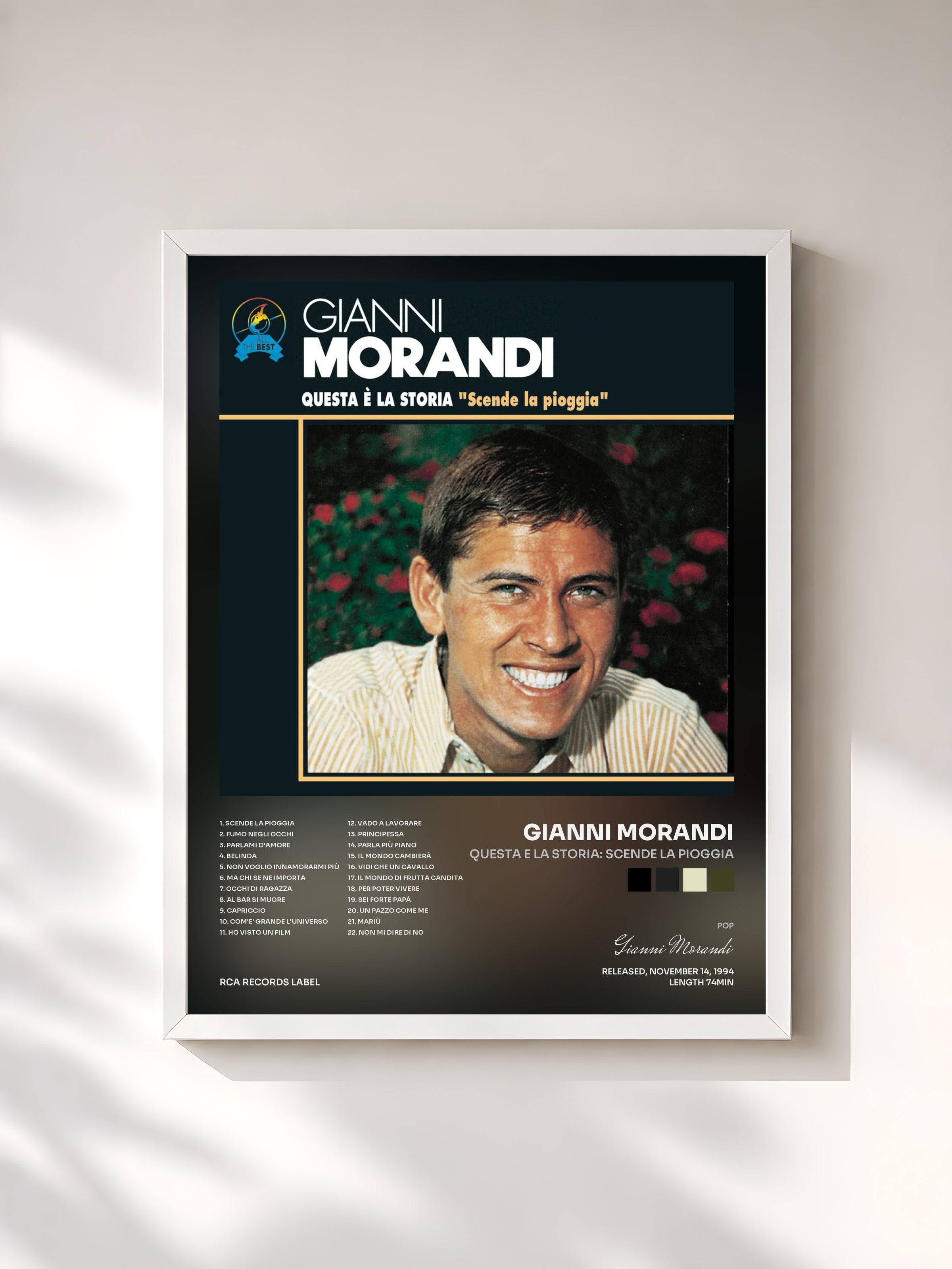 #blanc Tableau de l'album Questa E La Storia: Scende La Pioggia de Gianni Morandi, cadre blanc, imprimé et encadré en France