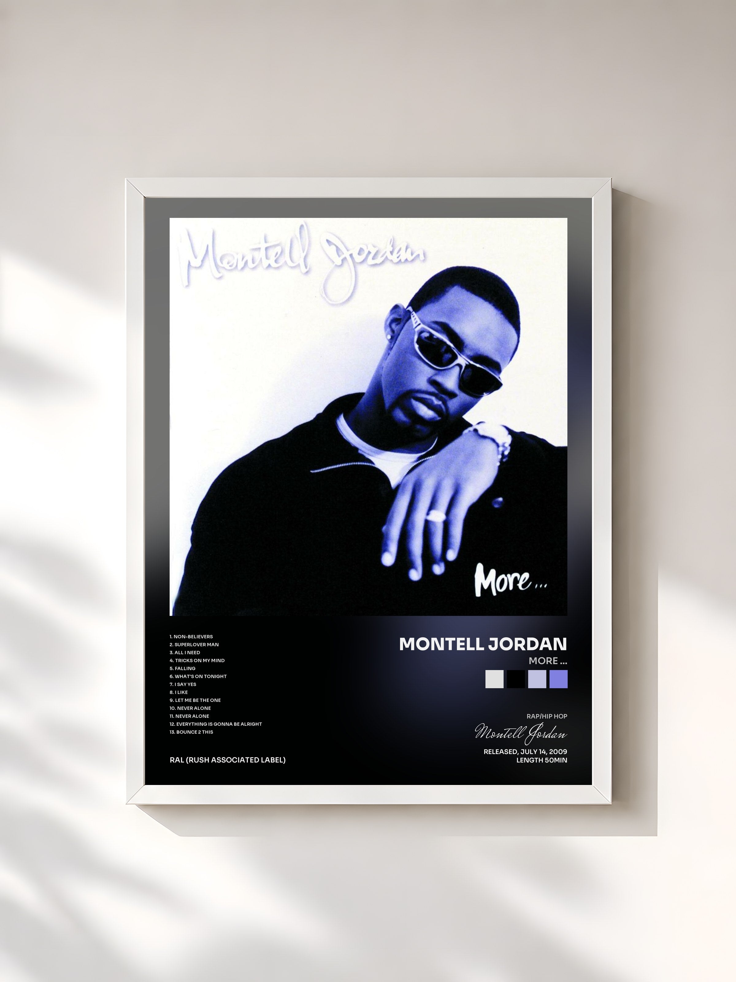 #blanc Tableau de l'album More ... de Montell Jordan, cadre blanc, imprimé et encadré en France