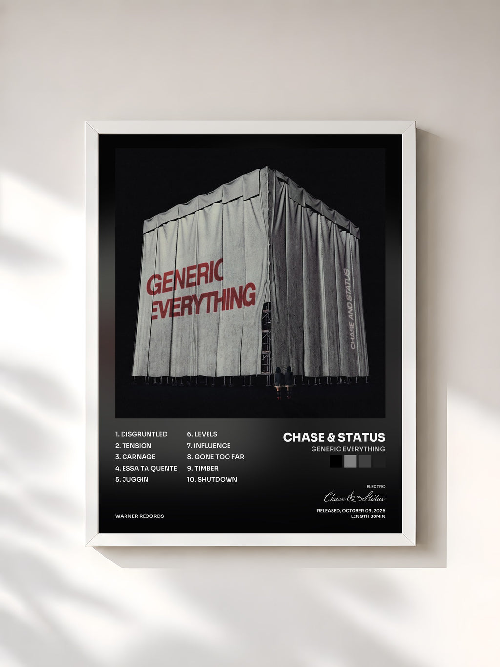 #blanc Tableau de l'album Generic Everything de Chase & Status, cadre blanc, imprimé et encadré en France