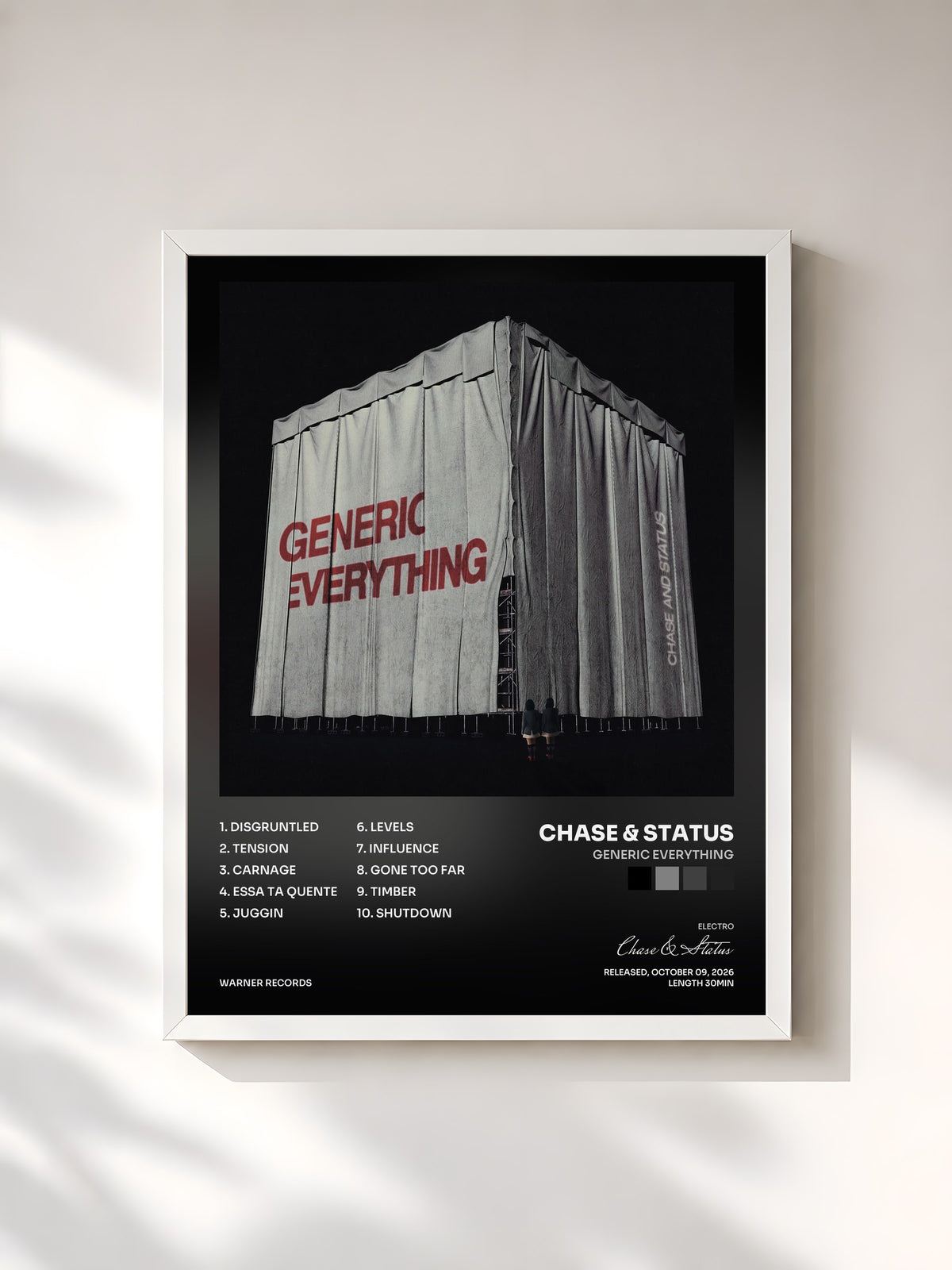 #blanc Tableau de l'album Generic Everything de Chase & Status, cadre blanc, imprimé et encadré en France