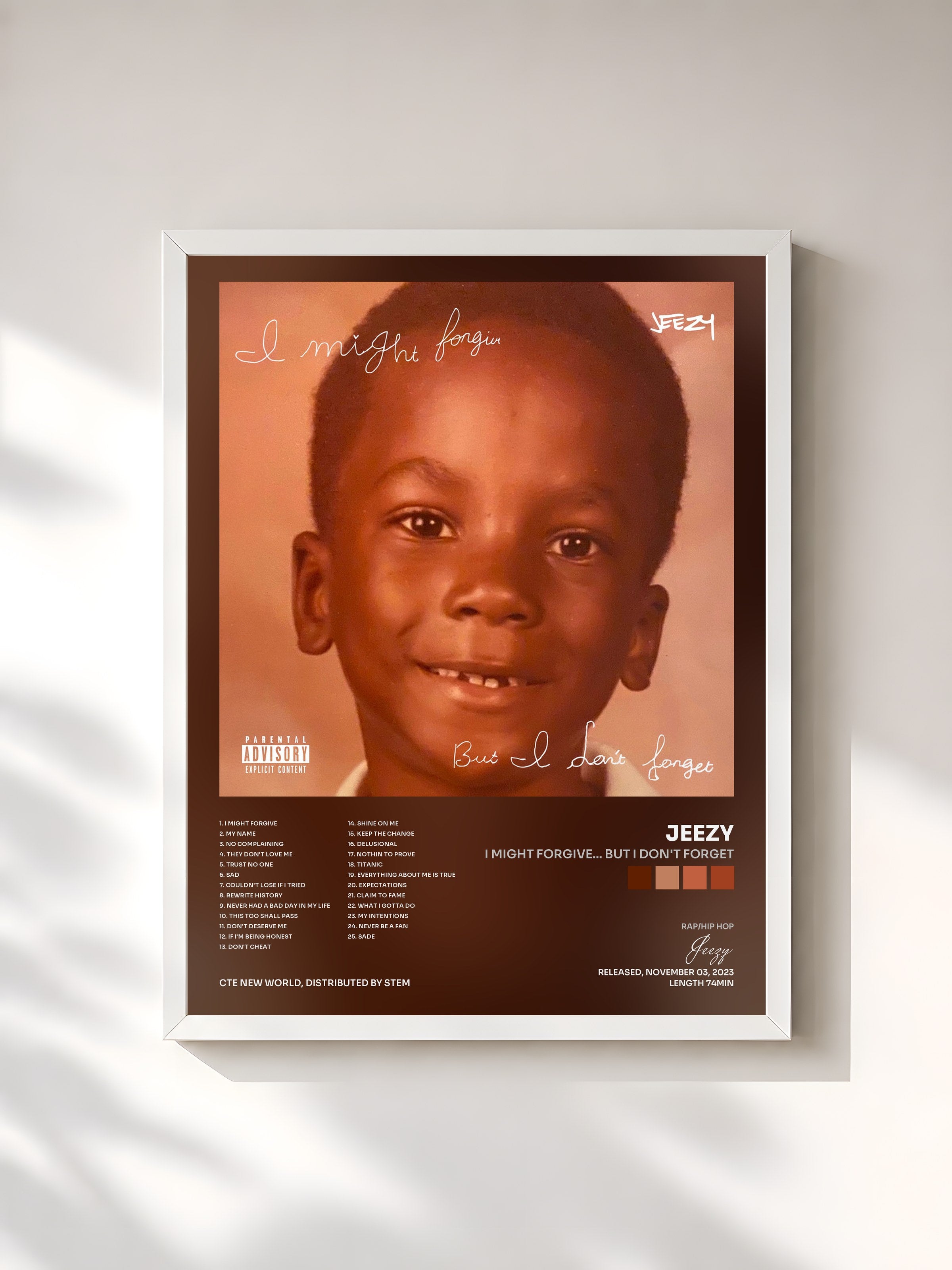 #blanc Tableau de l'album I Might Forgive... But I Don't Forget de Jeezy, cadre blanc, imprimé et encadré en France