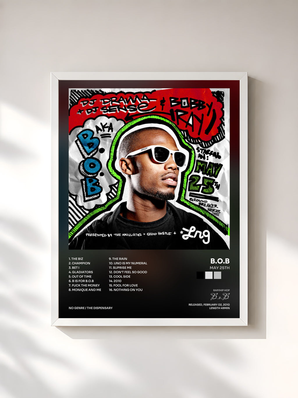 #blanc Tableau de l'album May 25th de B.o.B, cadre blanc, imprimé et encadré en France