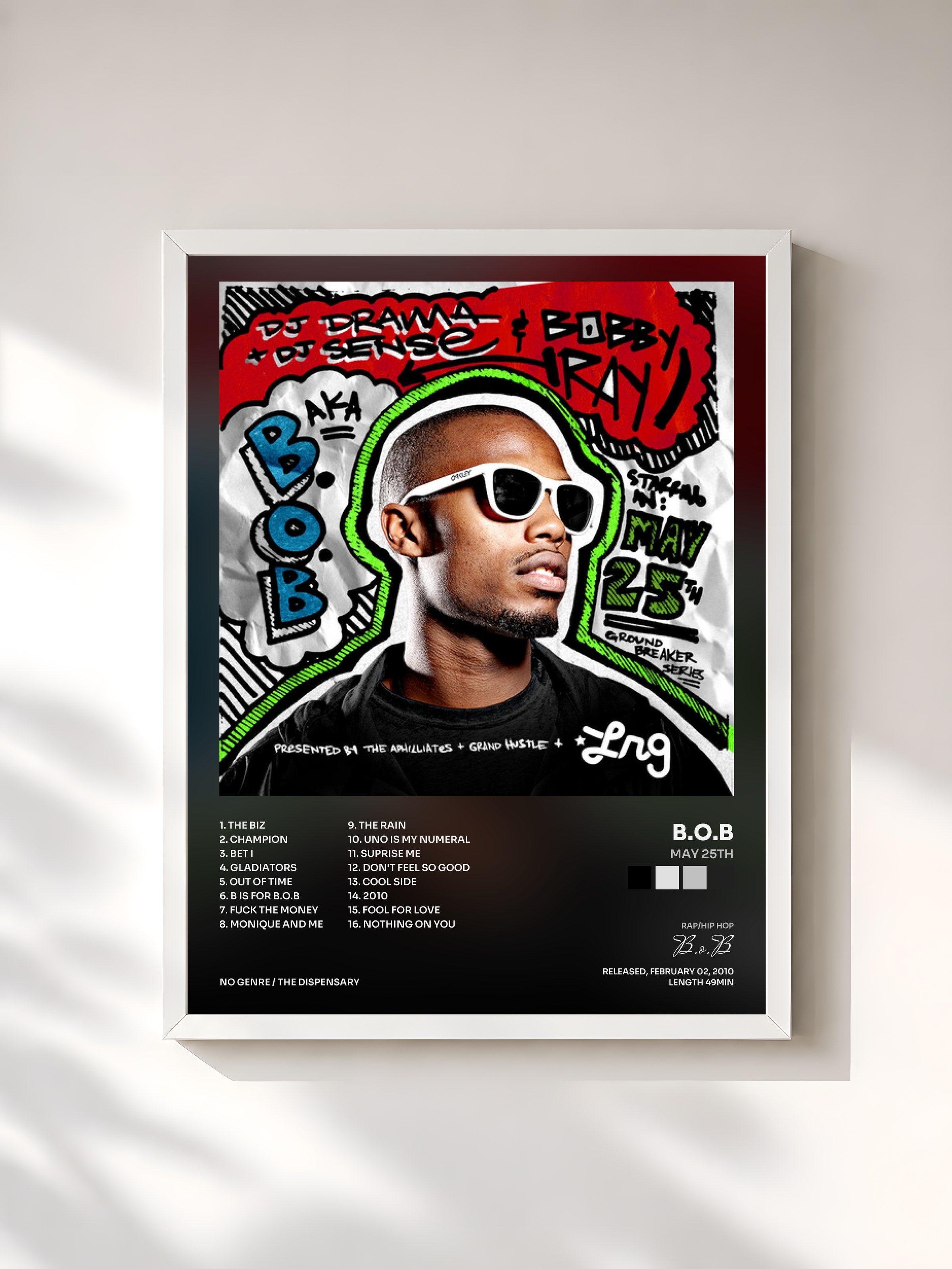 #blanc Tableau de l'album May 25th de B.o.B, cadre blanc, imprimé et encadré en France