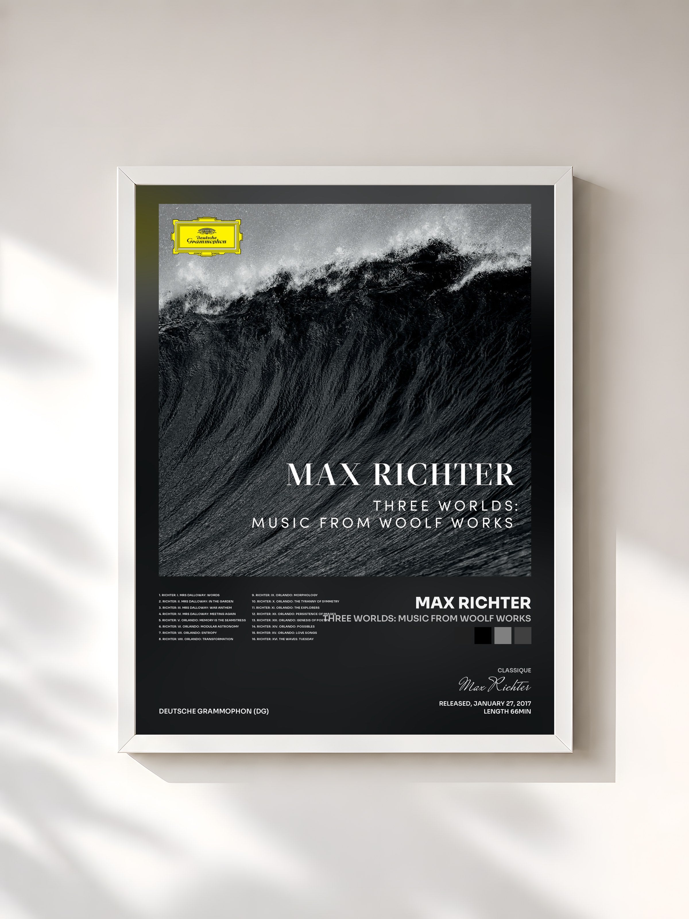 #blanc Tableau de l'album Three Worlds: Music From Woolf Works de Max Richter, cadre blanc, imprimé et encadré en France