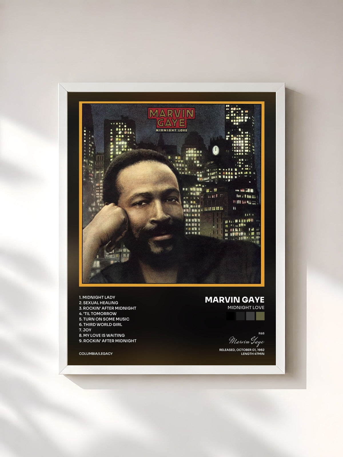#blanc Tableau de l'album Midnight Love de Marvin Gaye, cadre blanc, imprimé et encadré en France