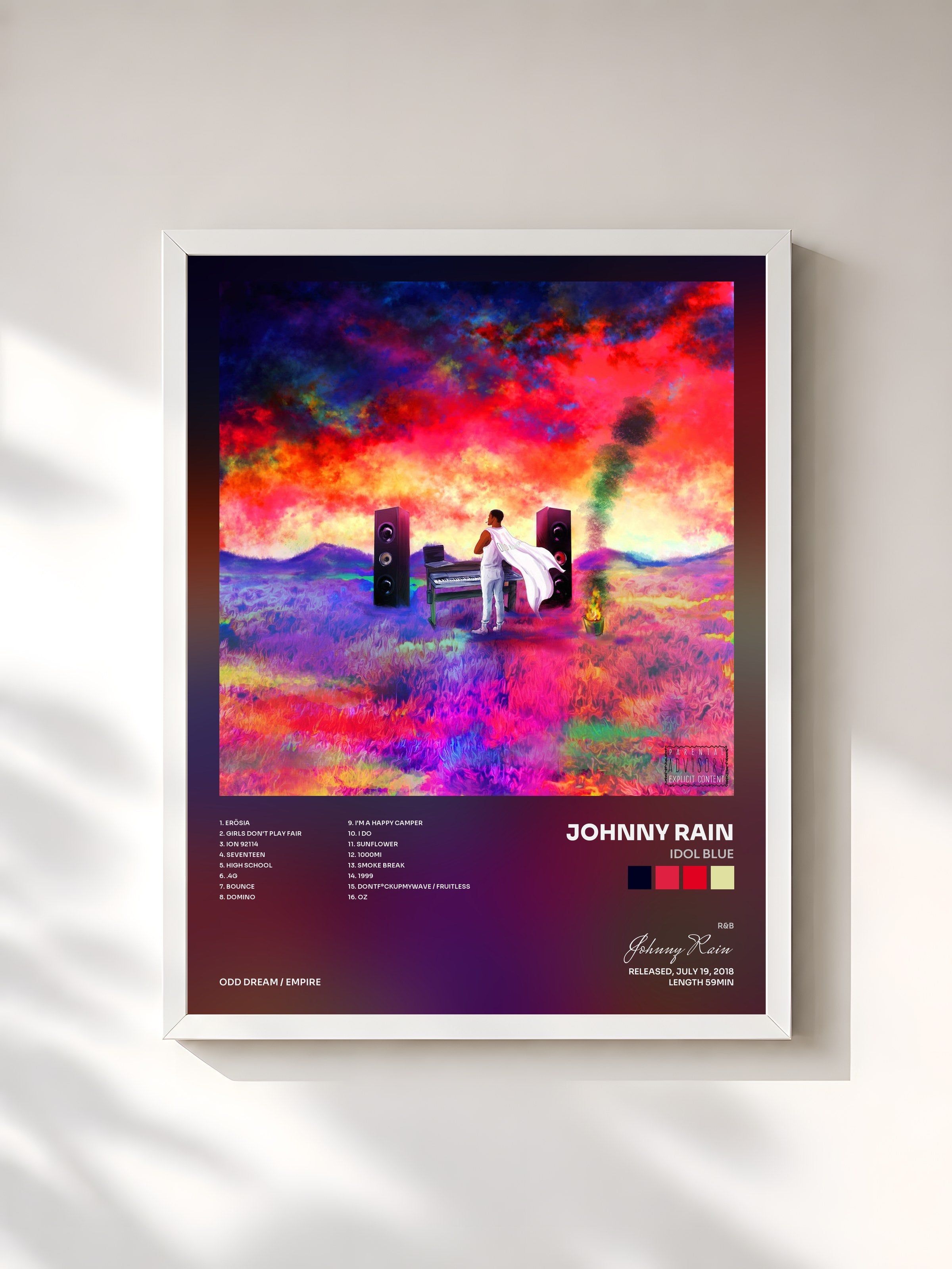 #blanc Tableau de l'album Idol Blue de Johnny Rain, cadre blanc, imprimé et encadré en France