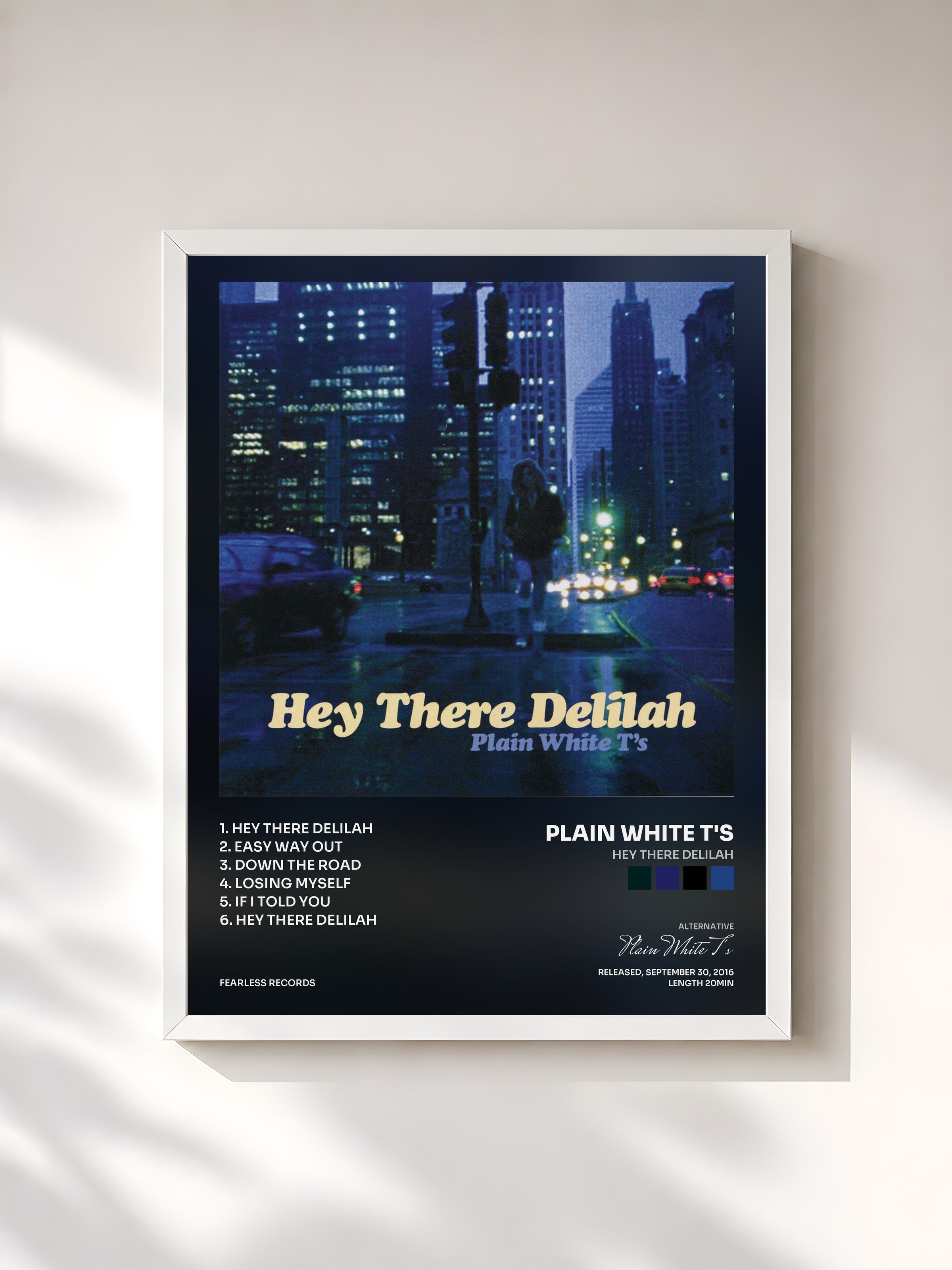 #blanc Tableau de l'album Hey There Delilah de Plain White T's, cadre blanc, imprimé et encadré en France