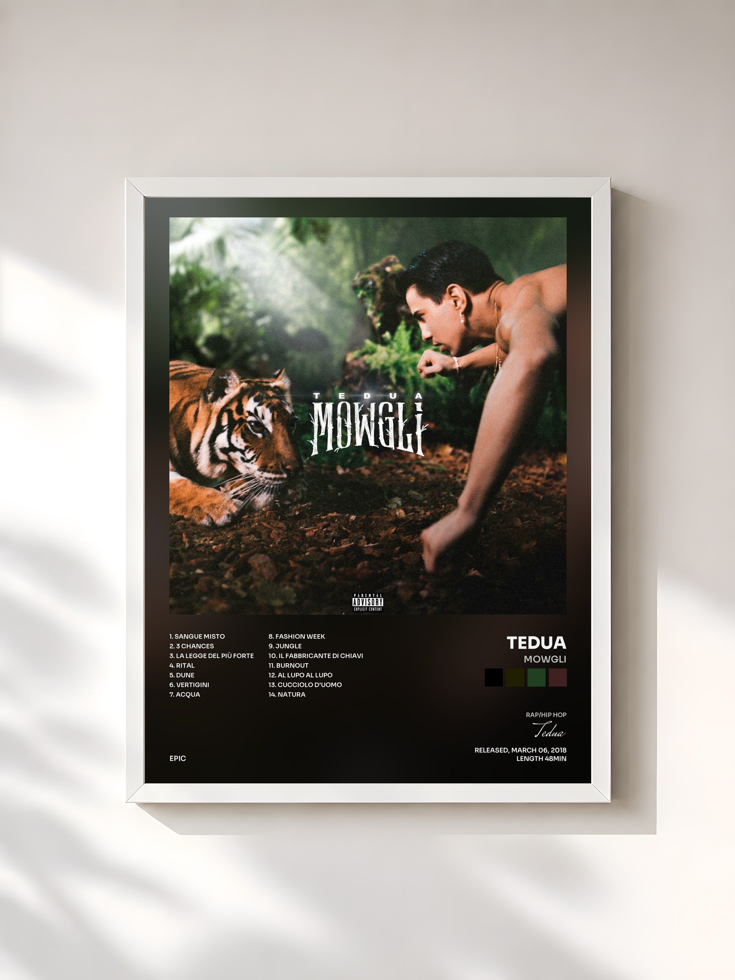 #blanc Tableau de l'album Mowgli de Tedua, cadre blanc, imprimé et encadré en France