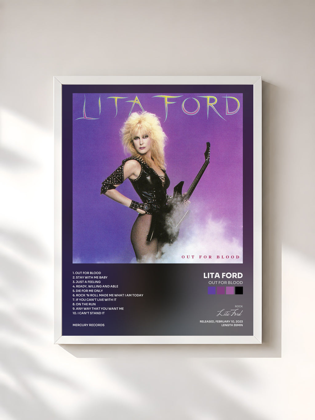 #blanc Tableau de l'album Out For Blood de Lita Ford, cadre blanc, imprimé et encadré en France
