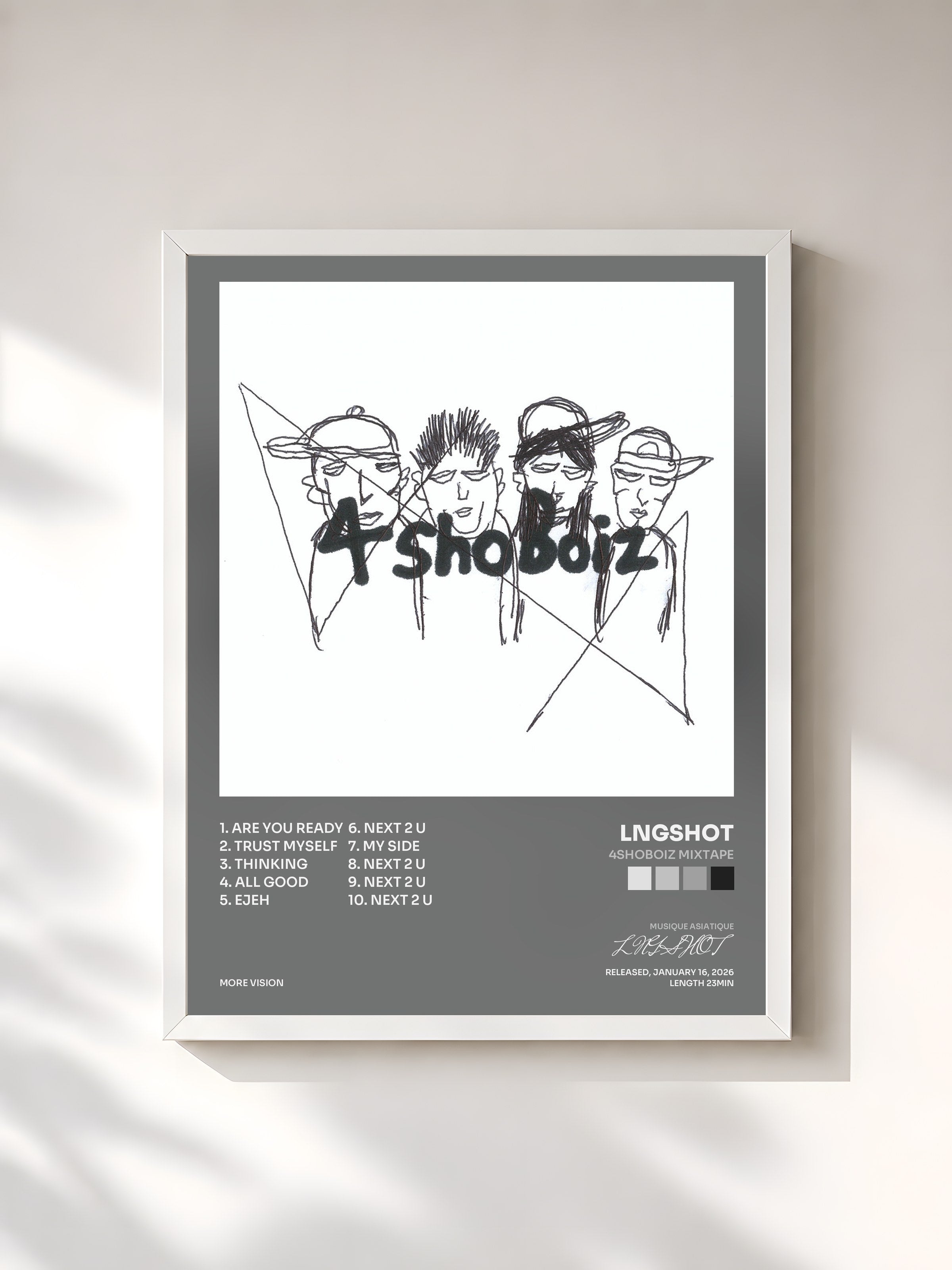 #blanc Tableau de l'album 4SHOBOIZ MIXTAPE de LNGSHOT, cadre blanc, imprimé et encadré en France