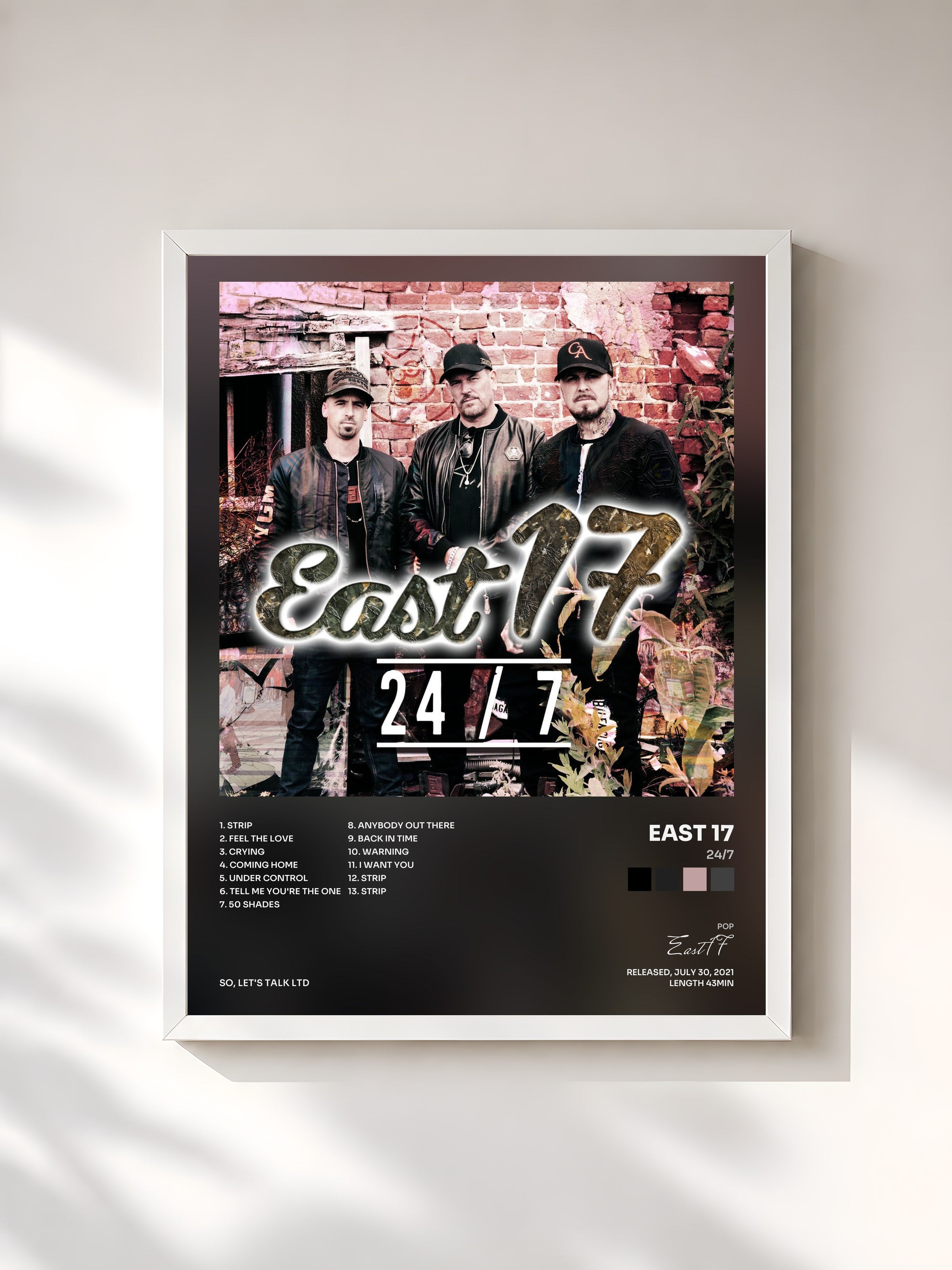 #blanc Tableau de l'album 24/7 de East 17, cadre blanc, imprimé et encadré en France