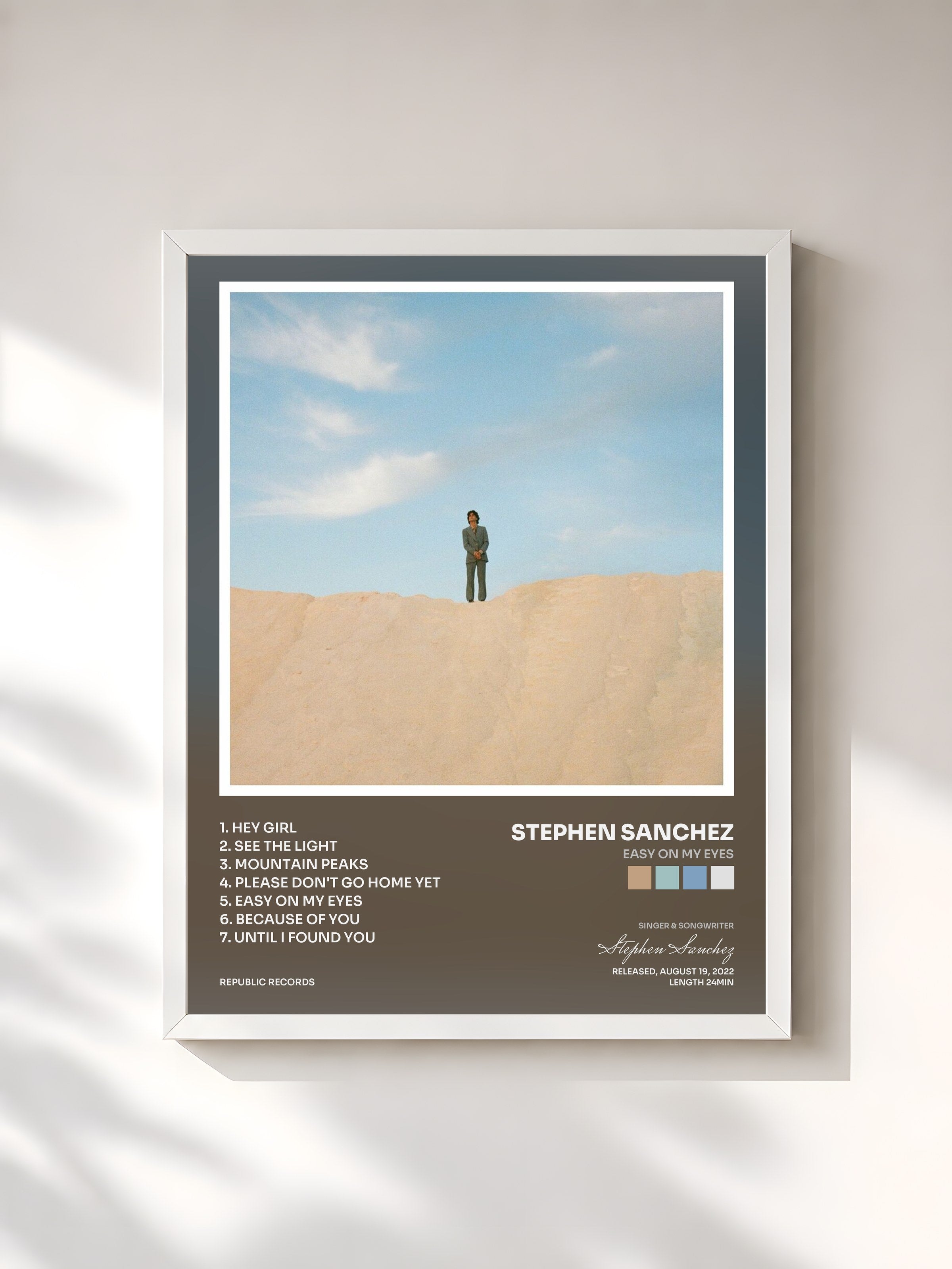#blanc Tableau de l'album Easy On My Eyes de Stephen Sanchez, cadre blanc, imprimé et encadré en France