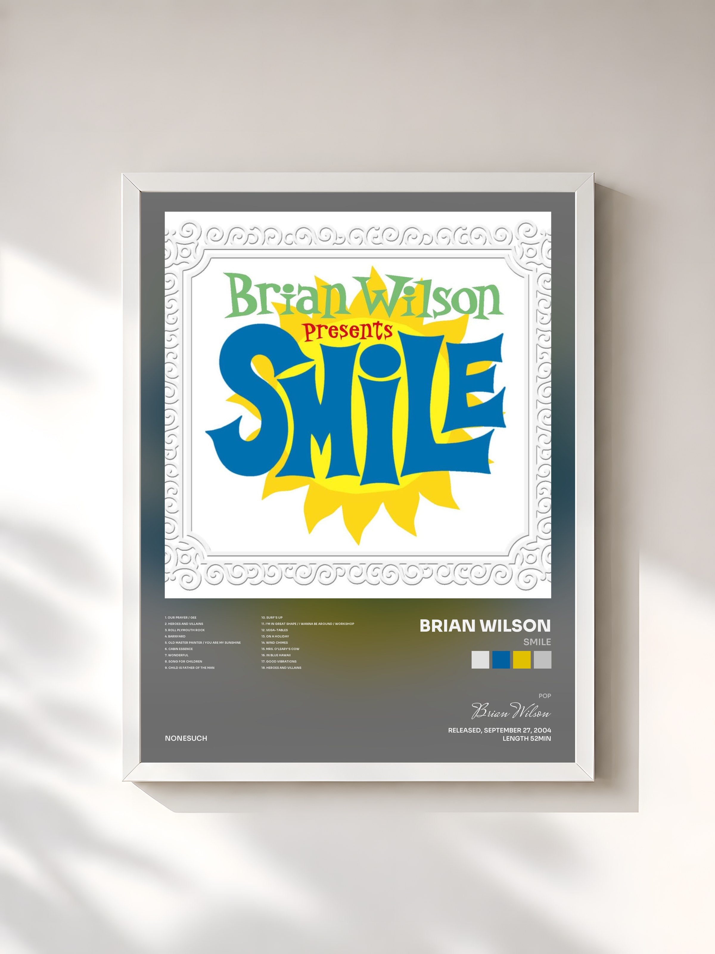 #blanc Tableau de l'album Smile de Brian Wilson, cadre blanc, imprimé et encadré en France