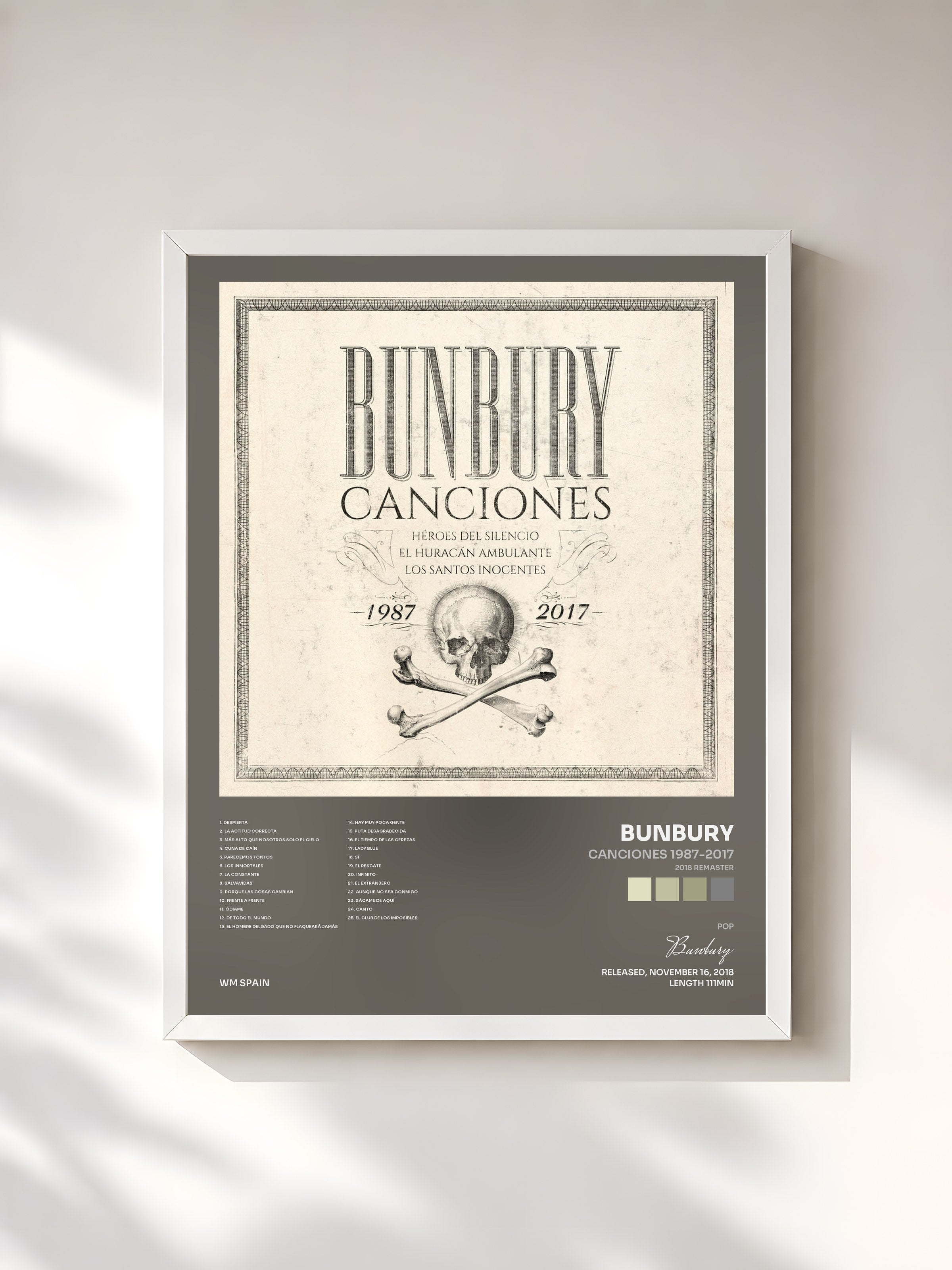 #blanc Tableau de l'album Canciones 1987-2017 (2018 Remaster) de Bunbury, cadre blanc, imprimé et encadré en France