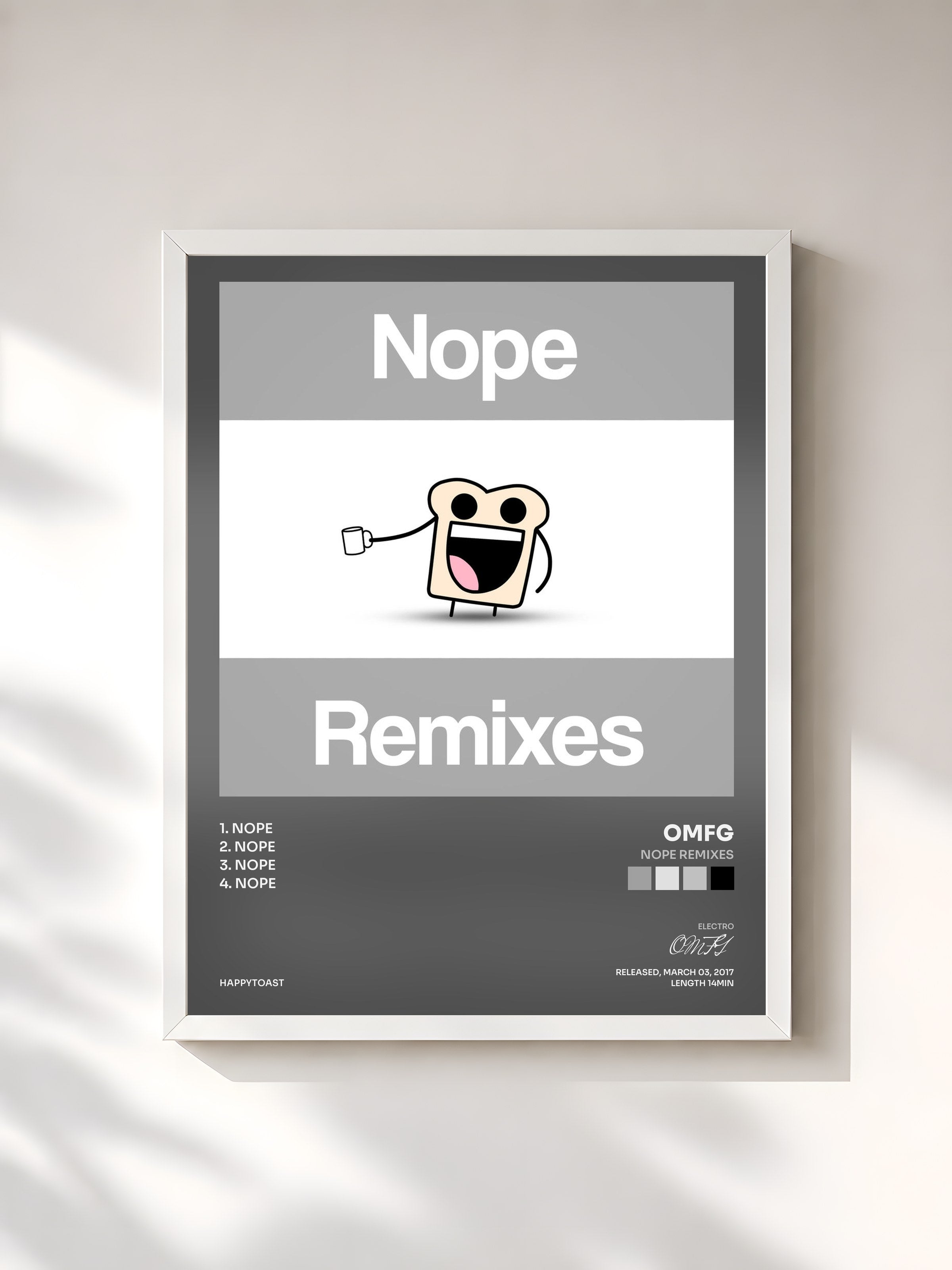 #blanc Tableau de l'album Nope Remixes de OMFG, cadre blanc, imprimé et encadré en France