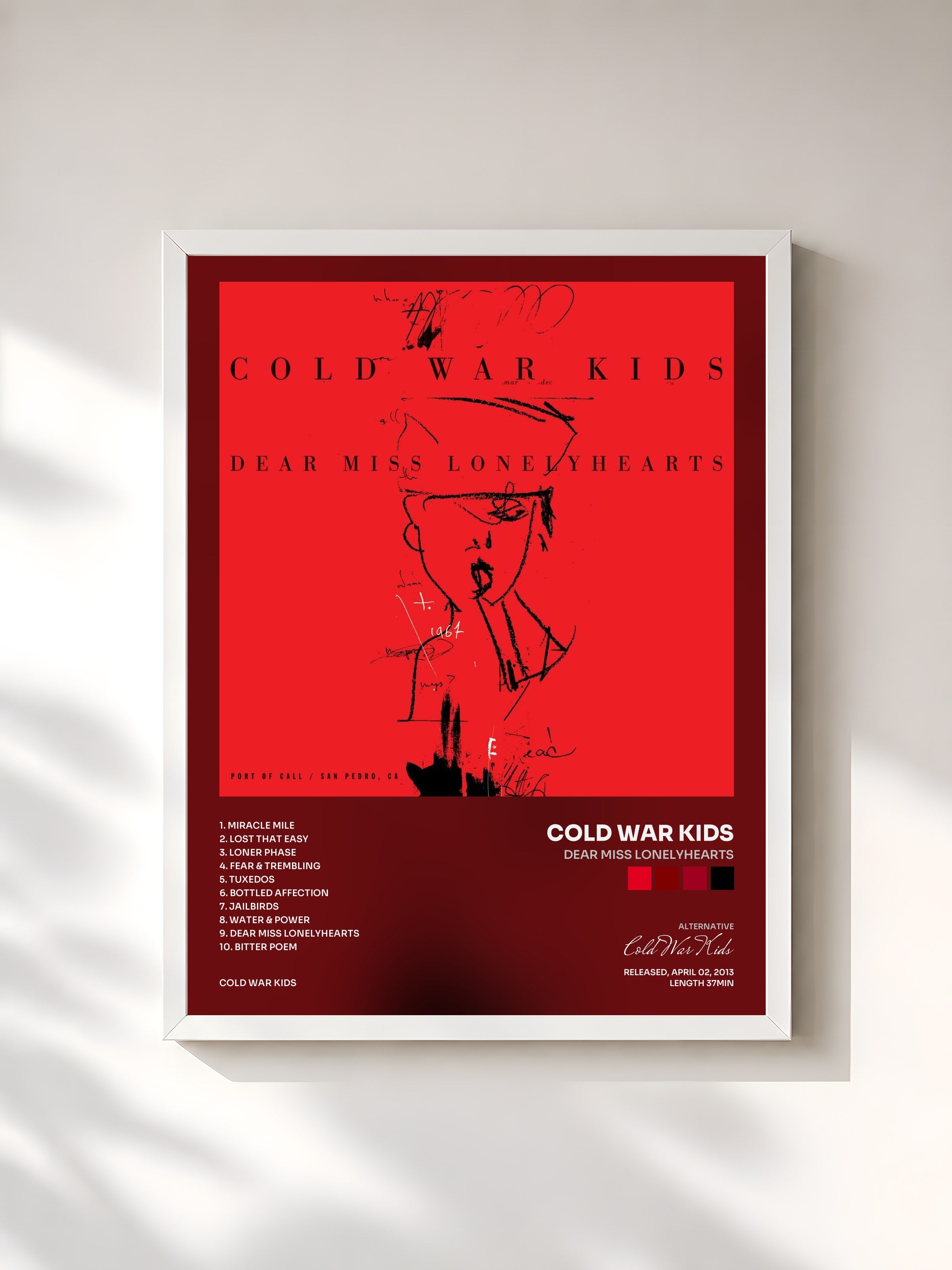 #blanc Tableau de l'album Dear Miss Lonelyhearts de Cold War Kids, cadre blanc, imprimé et encadré en France