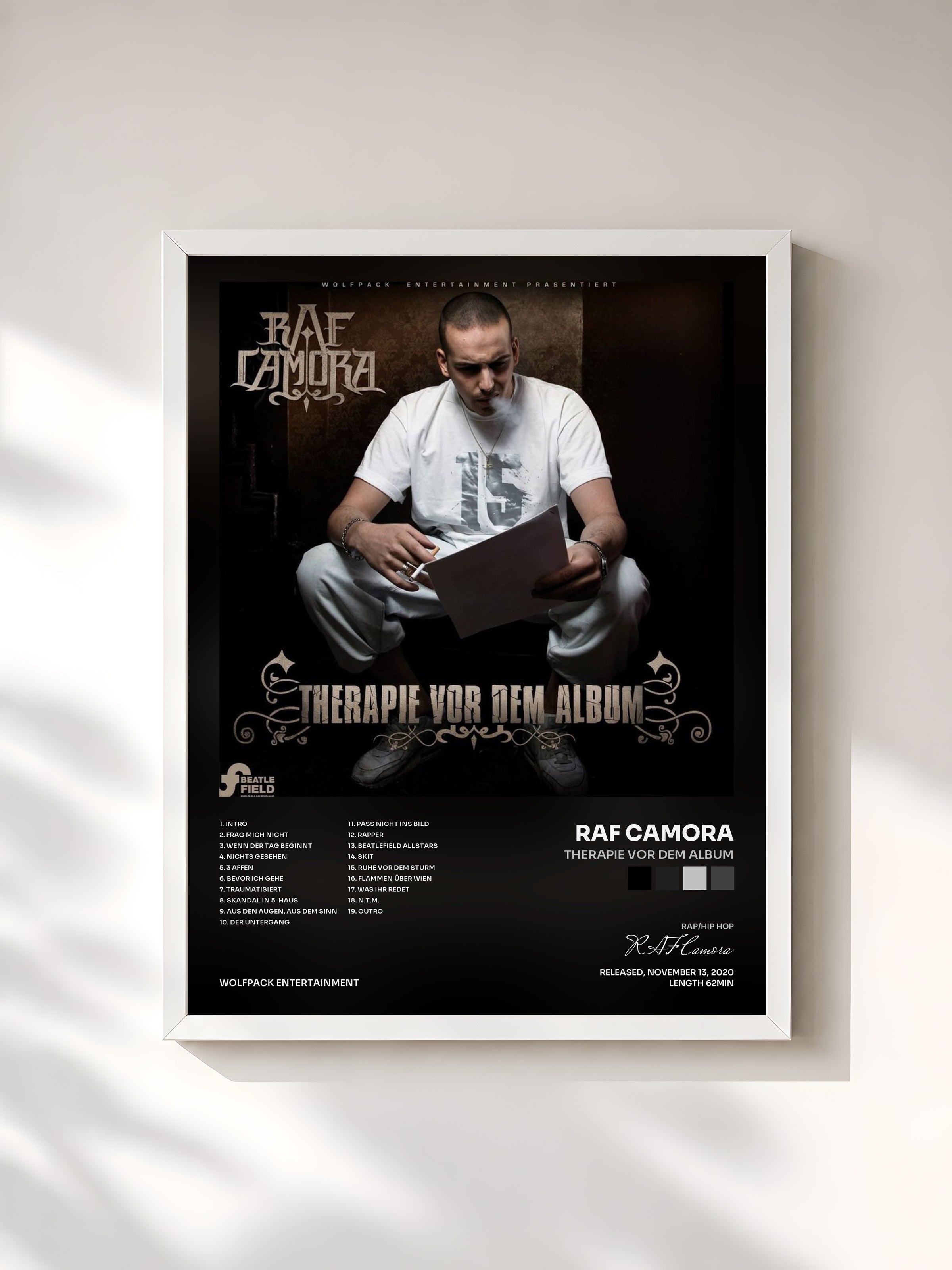 #blanc Tableau de l'album Therapie vor dem Album de RAF Camora, cadre blanc, imprimé et encadré en France
