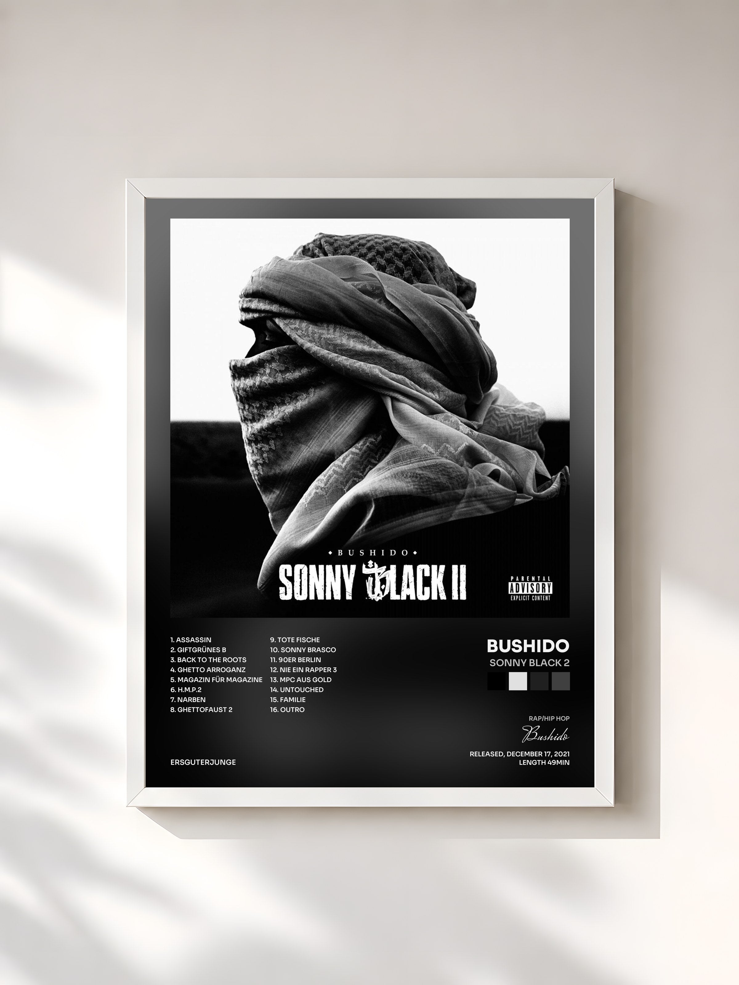 #blanc Tableau de l'album Sonny Black 2 de Bushido, cadre blanc, imprimé et encadré en France