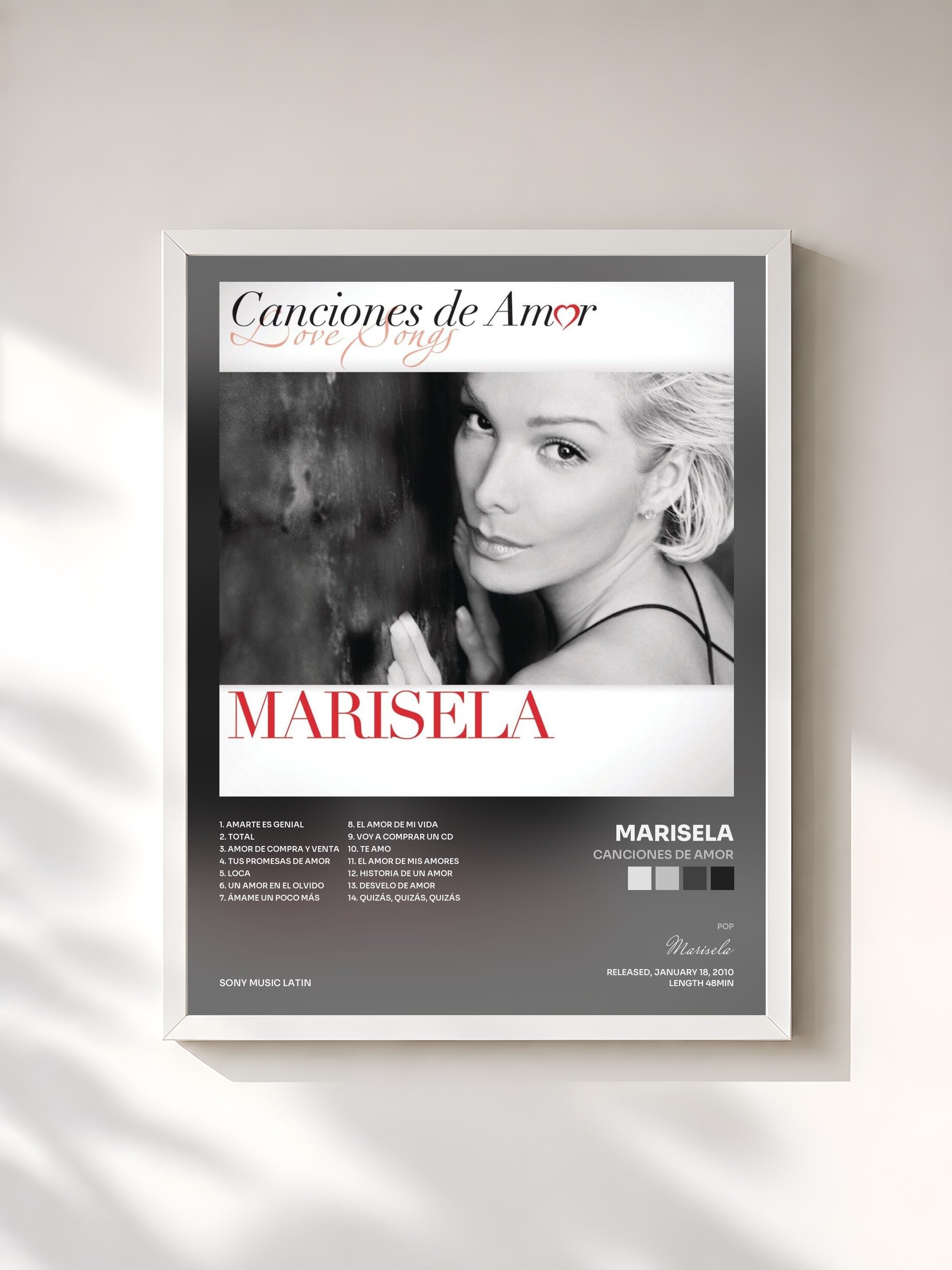 #blanc Tableau de l'album Canciones De Amor de Marisela, cadre blanc, imprimé et encadré en France