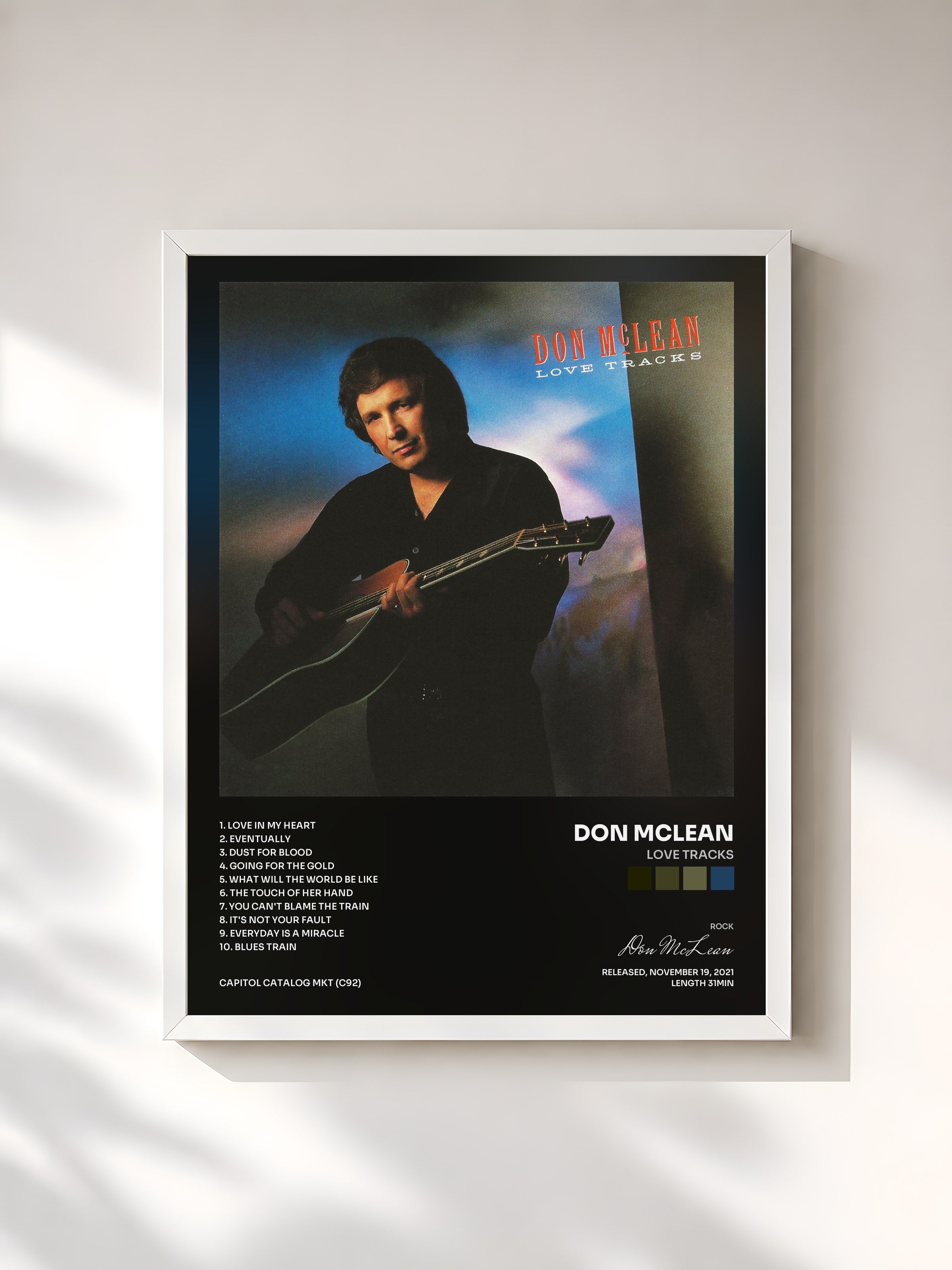 #blanc Tableau de l'album Love Tracks de Don McLean, cadre blanc, imprimé et encadré en France