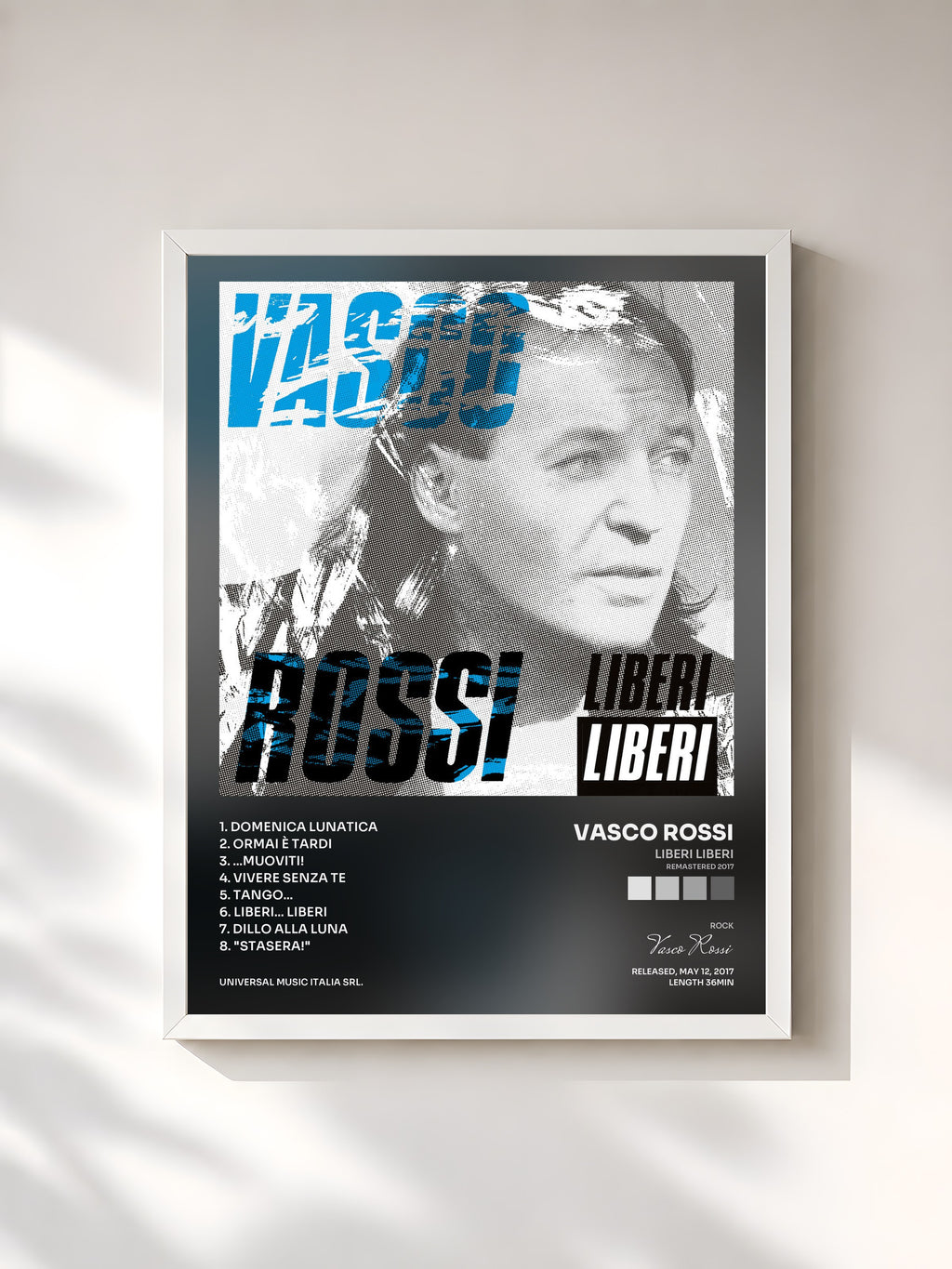#blanc Tableau de l'album Liberi Liberi (Remastered 2017) de Vasco Rossi, cadre blanc, imprimé et encadré en France