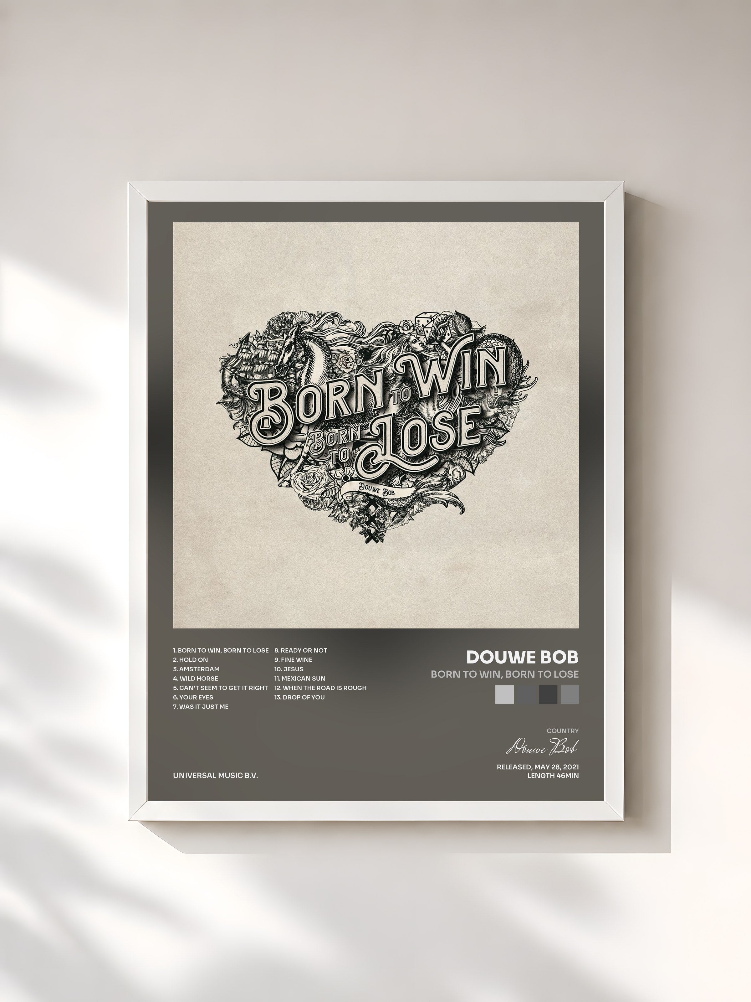 #blanc Tableau de l'album Born To Win, Born To Lose de Douwe Bob, cadre blanc, imprimé et encadré en France