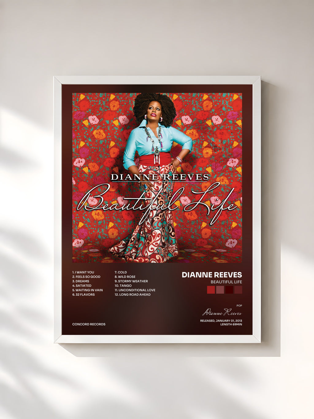 #blanc Tableau de l'album Beautiful Life de Dianne Reeves, cadre blanc, imprimé et encadré en France