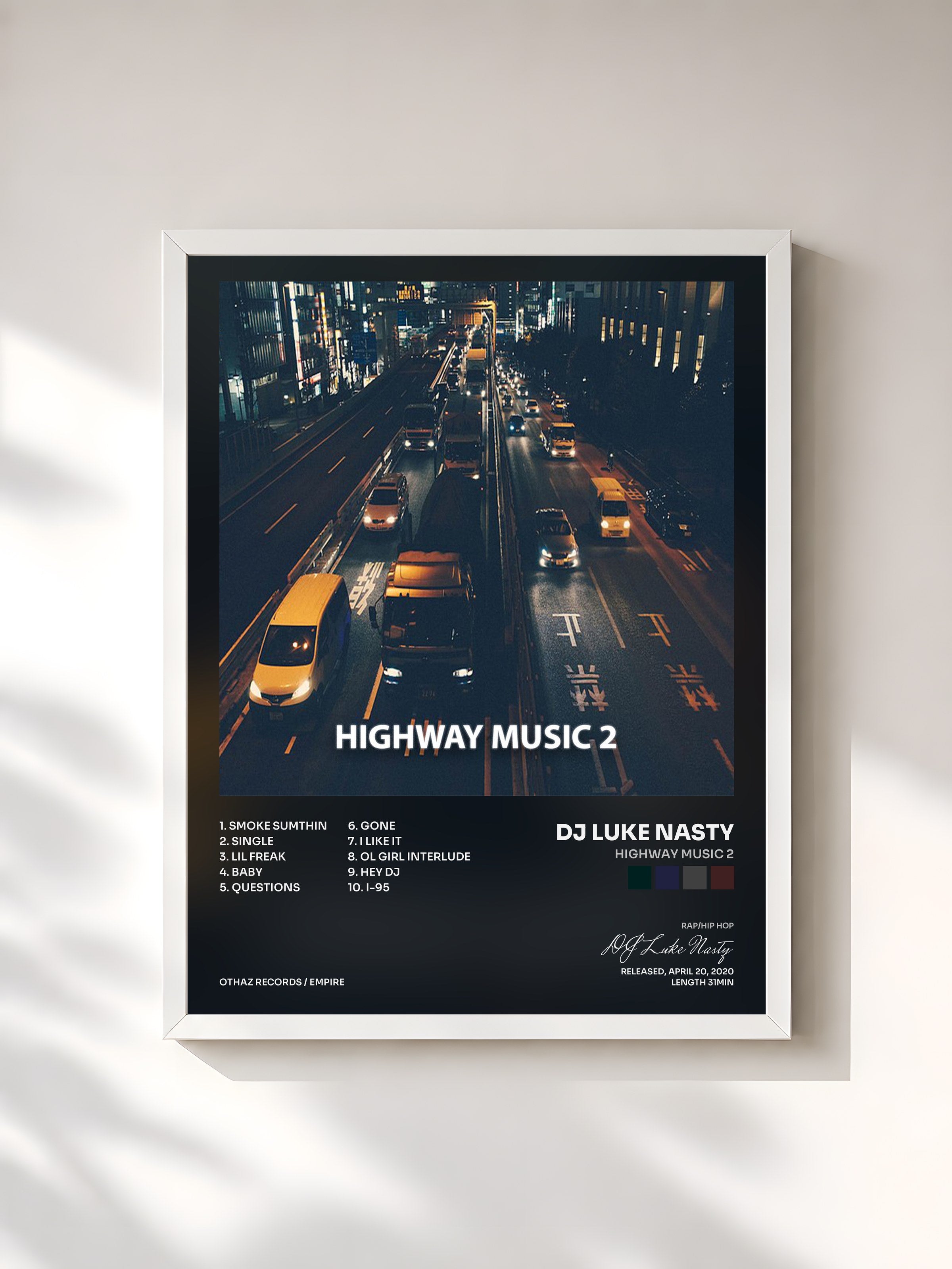 #blanc Tableau de l'album Highway Music 2 de DJ Luke Nasty, cadre blanc, imprimé et encadré en France