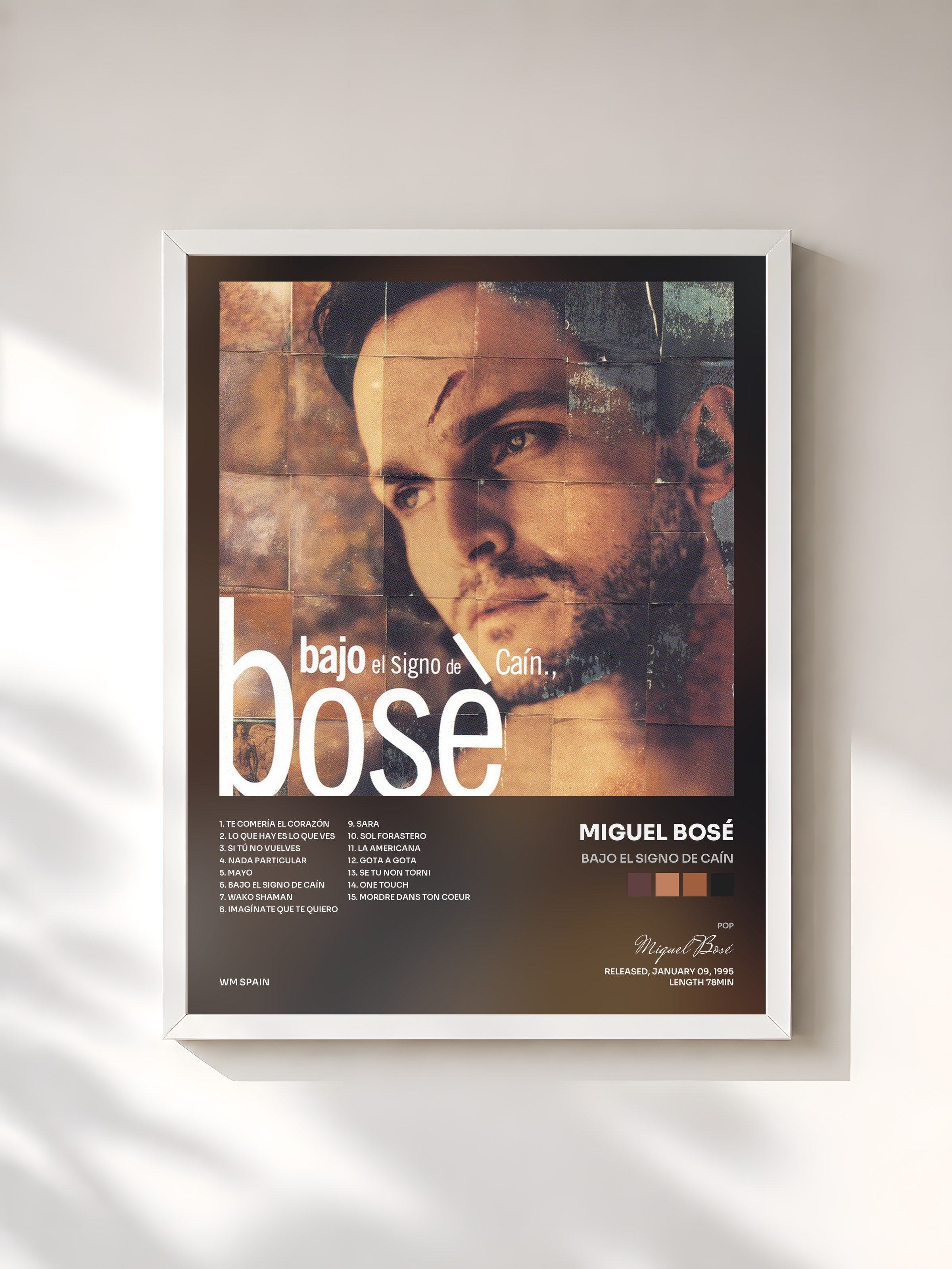 #blanc Tableau de l'album Bajo El Signo De Caín de Miguel Bosé, cadre blanc, imprimé et encadré en France