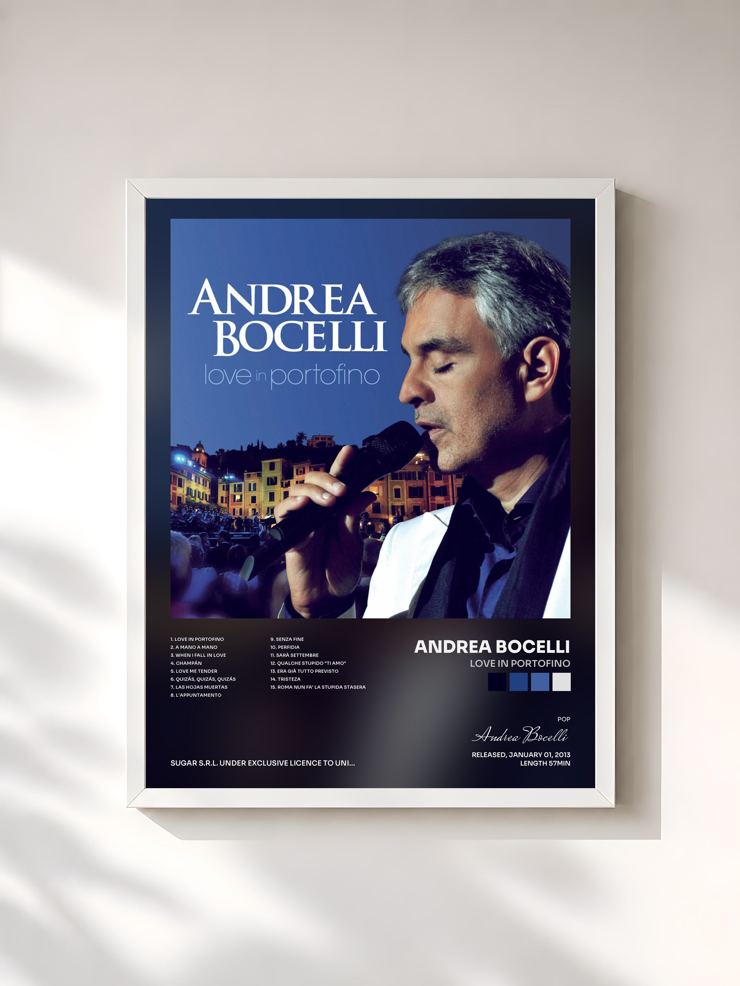 #blanc Tableau de l'album Love In Portofino de Andrea Bocelli, cadre blanc, imprimé et encadré en France
