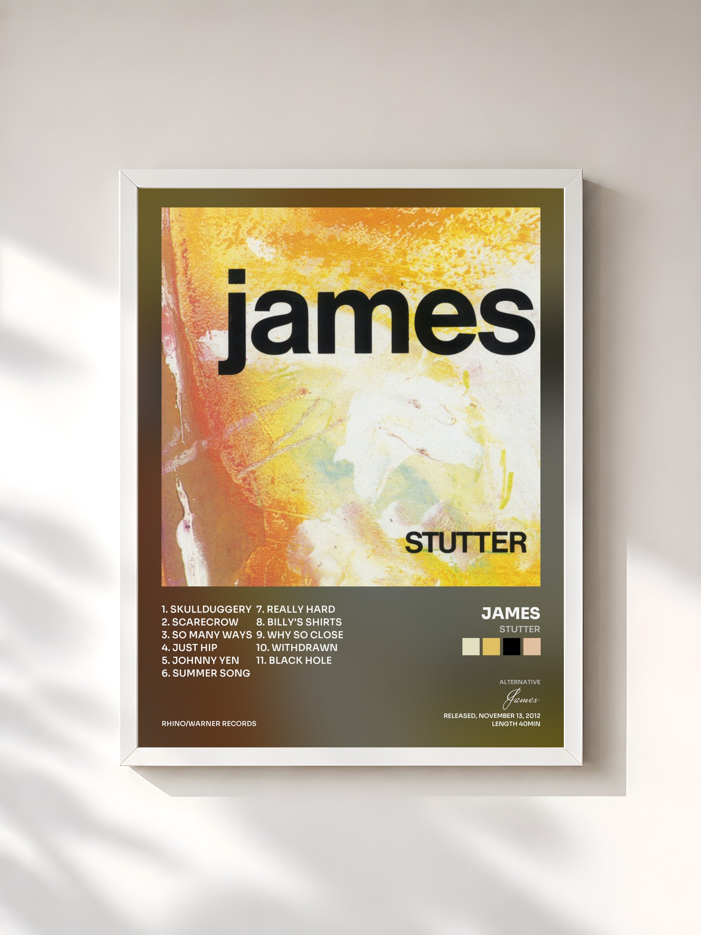 #blanc Tableau de l'album Stutter de James, cadre blanc, imprimé et encadré en France