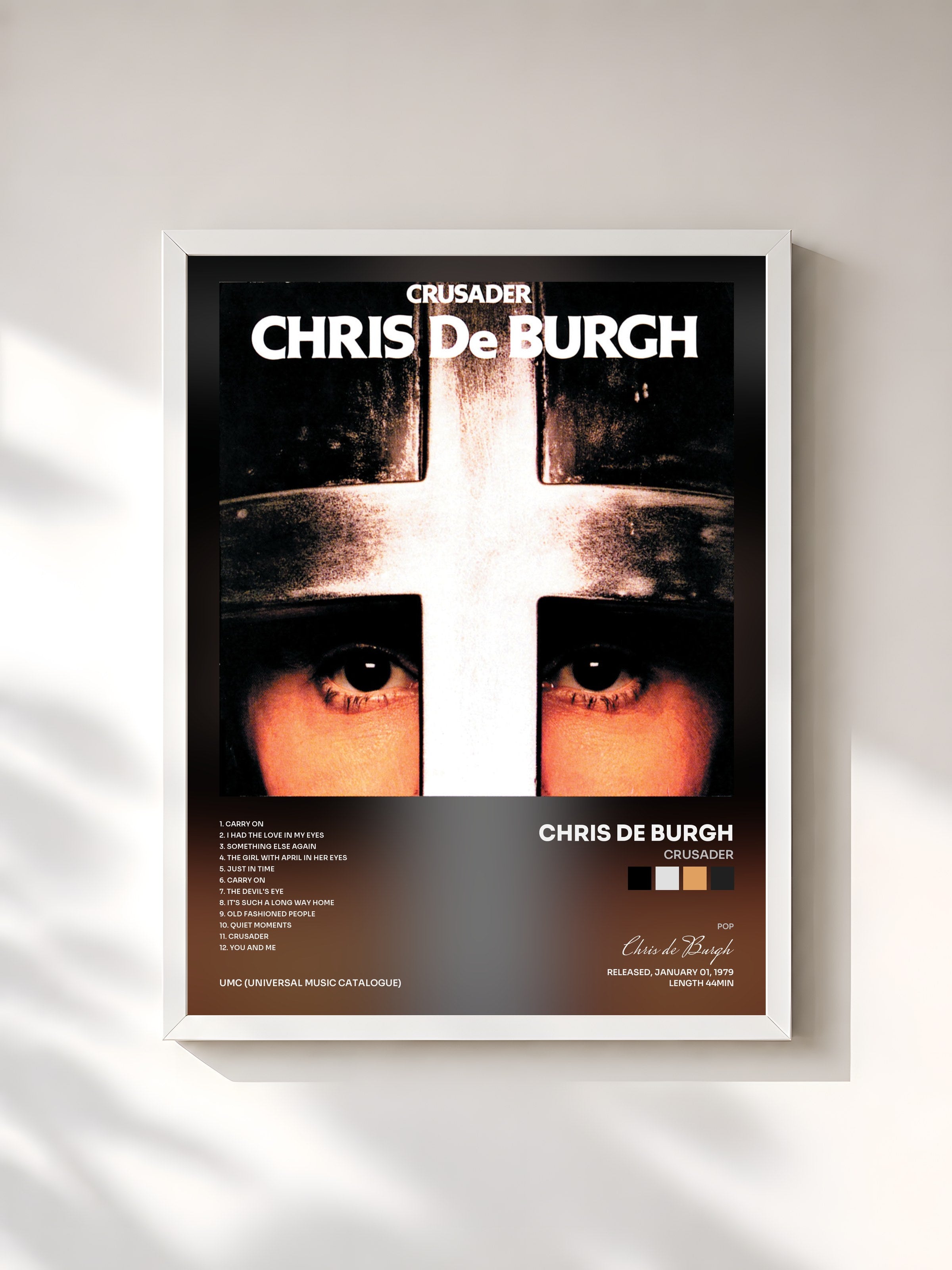 #blanc Tableau de l'album Crusader de Chris de Burgh, cadre blanc, imprimé et encadré en France