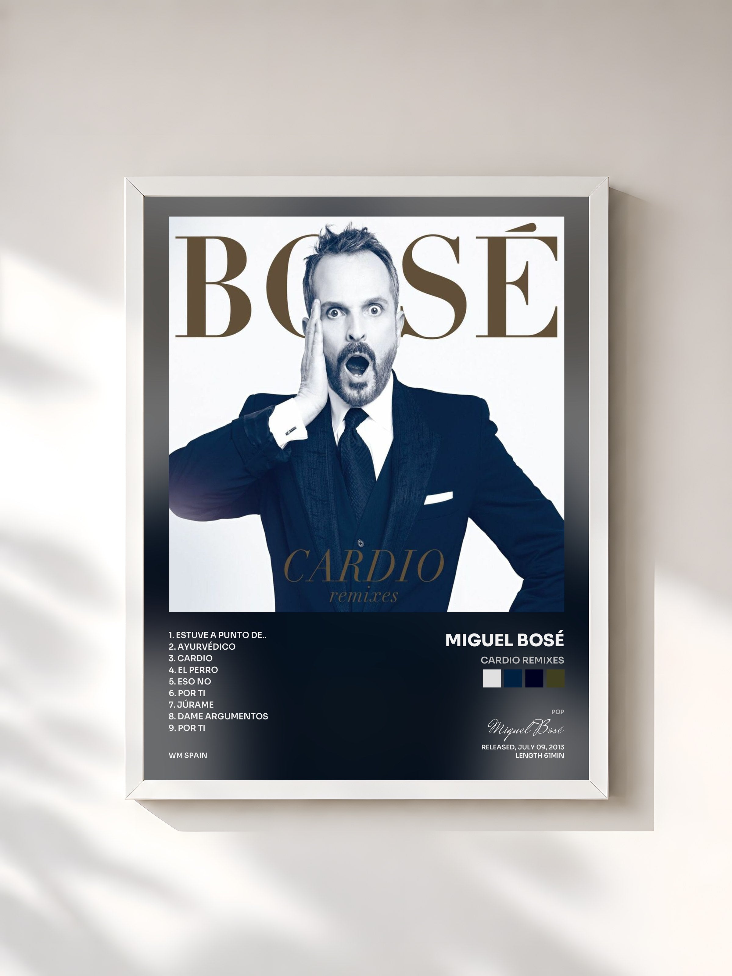 #blanc Tableau de l'album Cardio Remixes de Miguel Bosé, cadre blanc, imprimé et encadré en France