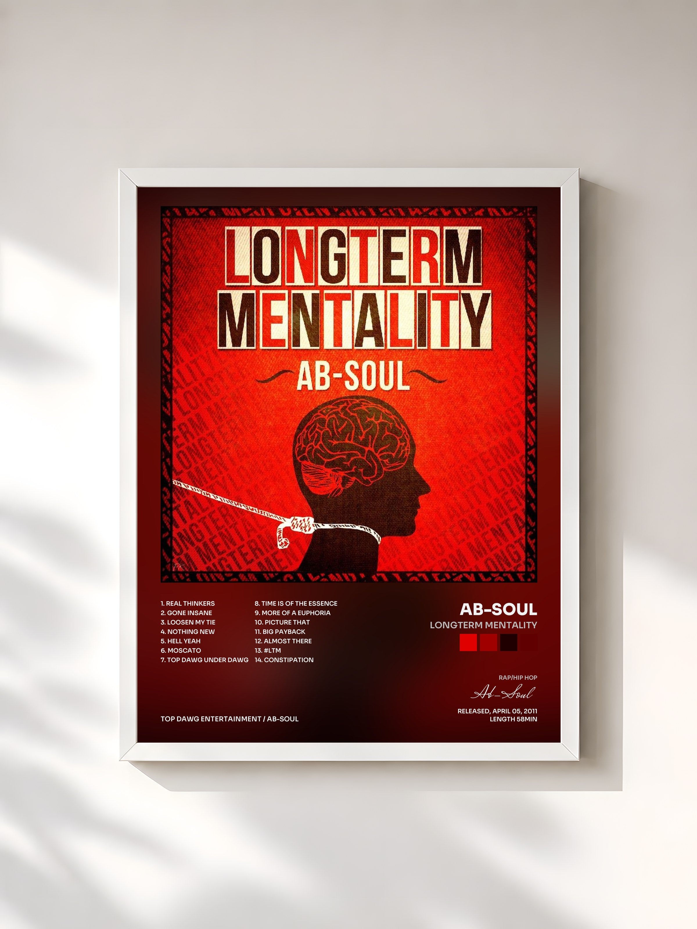 #blanc Tableau de l'album Longterm Mentality de Ab-Soul, cadre blanc, imprimé et encadré en France