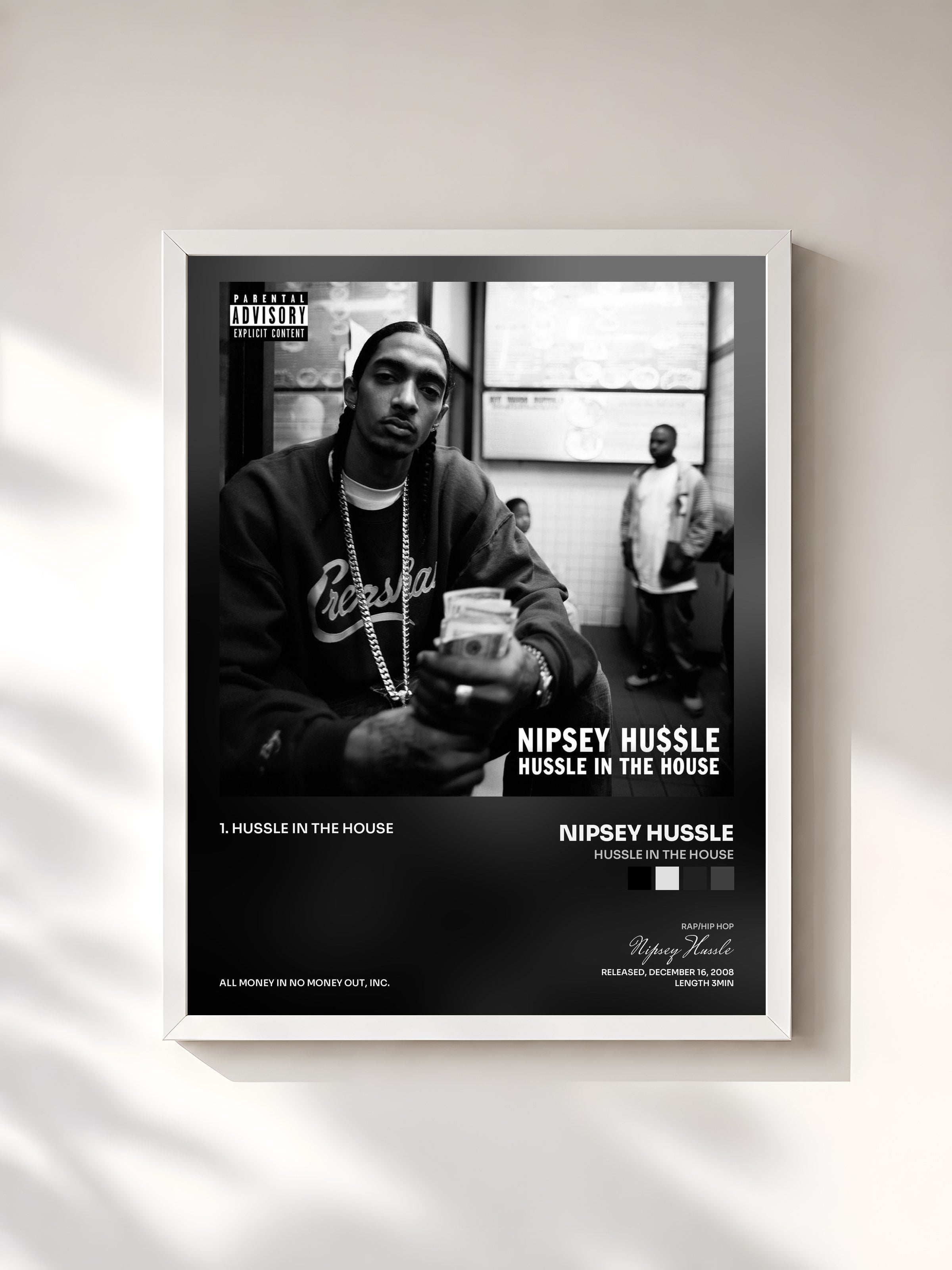 #blanc Tableau de l'album Hussle in the House de Nipsey Hussle, cadre blanc, imprimé et encadré en France