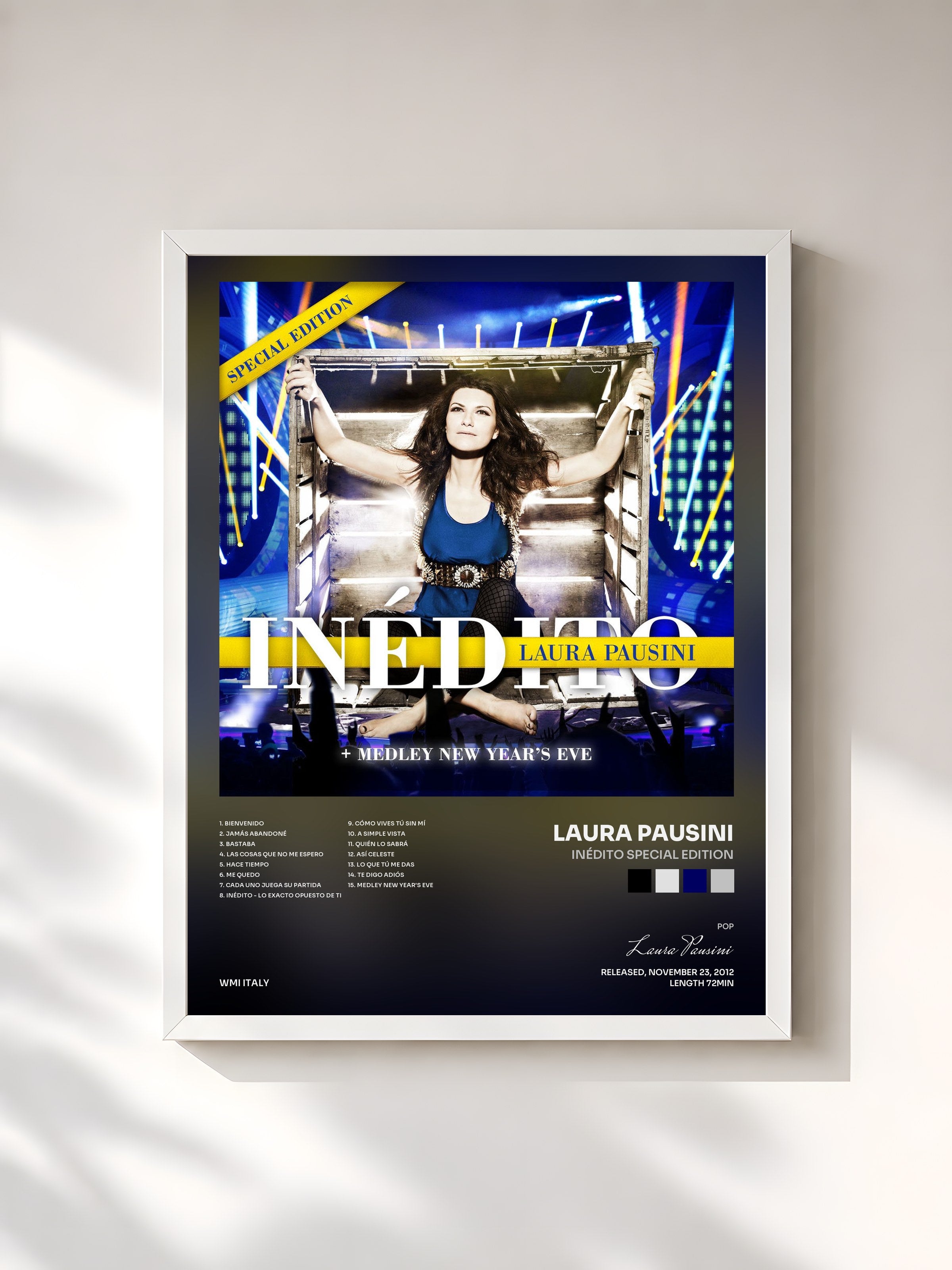 #blanc Tableau de l'album Inédito Special Edition de Laura Pausini, cadre blanc, imprimé et encadré en France