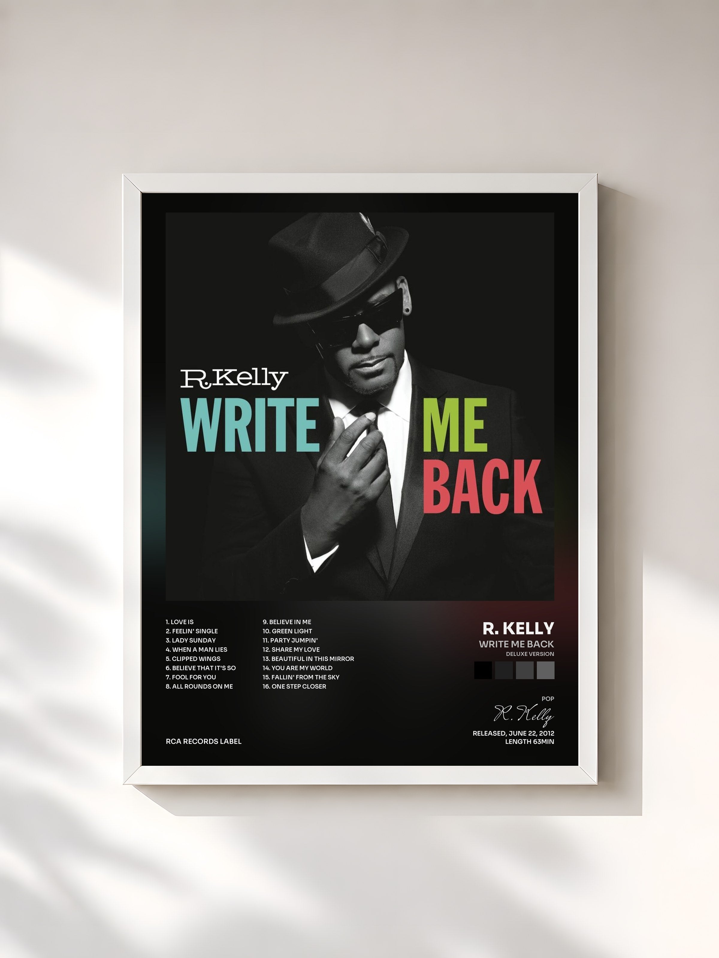 #blanc Tableau de l'album Write Me Back (Deluxe Version) de R. Kelly, cadre blanc, imprimé et encadré en France