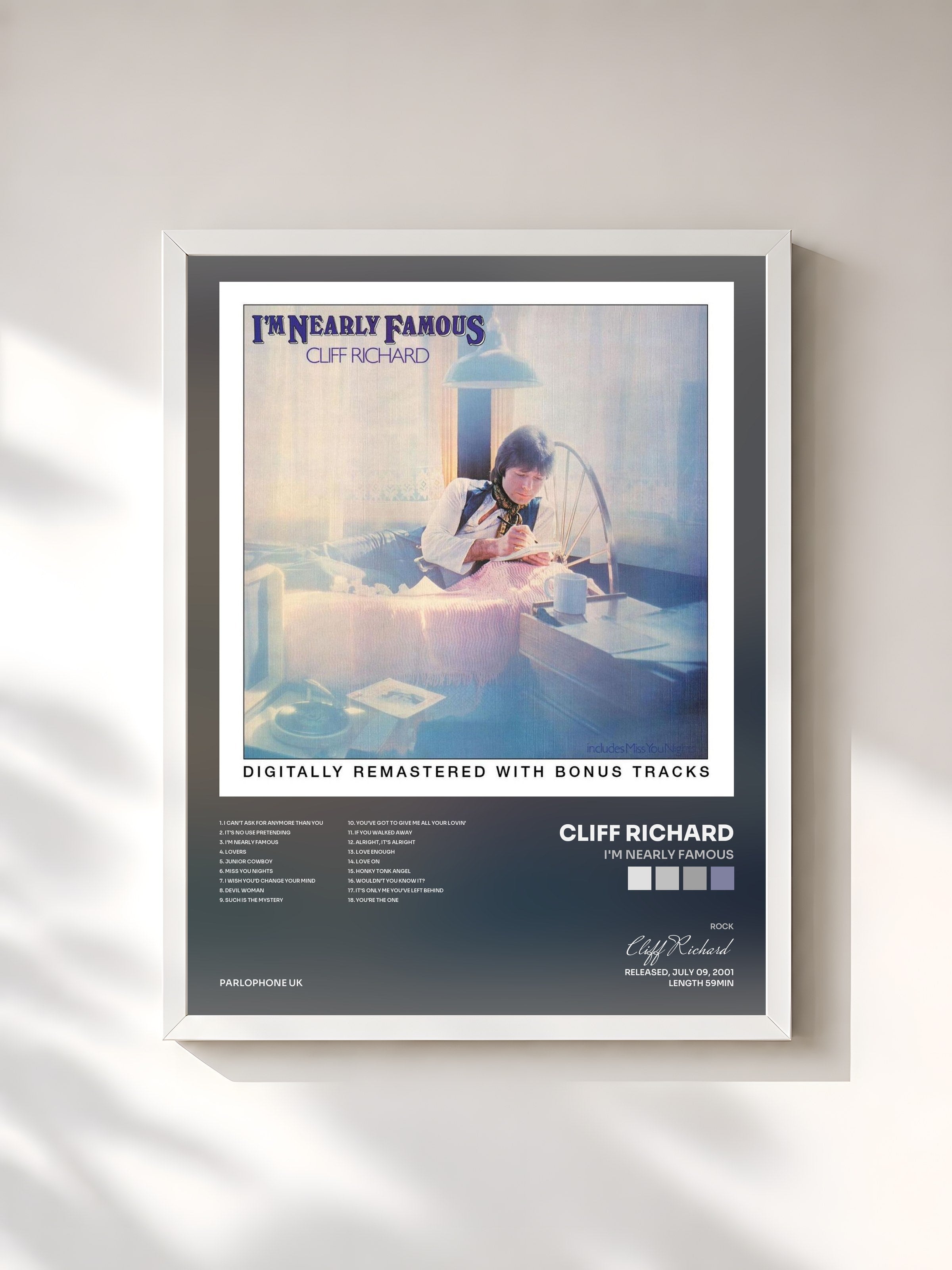 #blanc Tableau de l'album I'm Nearly Famous de Cliff Richard, cadre blanc, imprimé et encadré en France