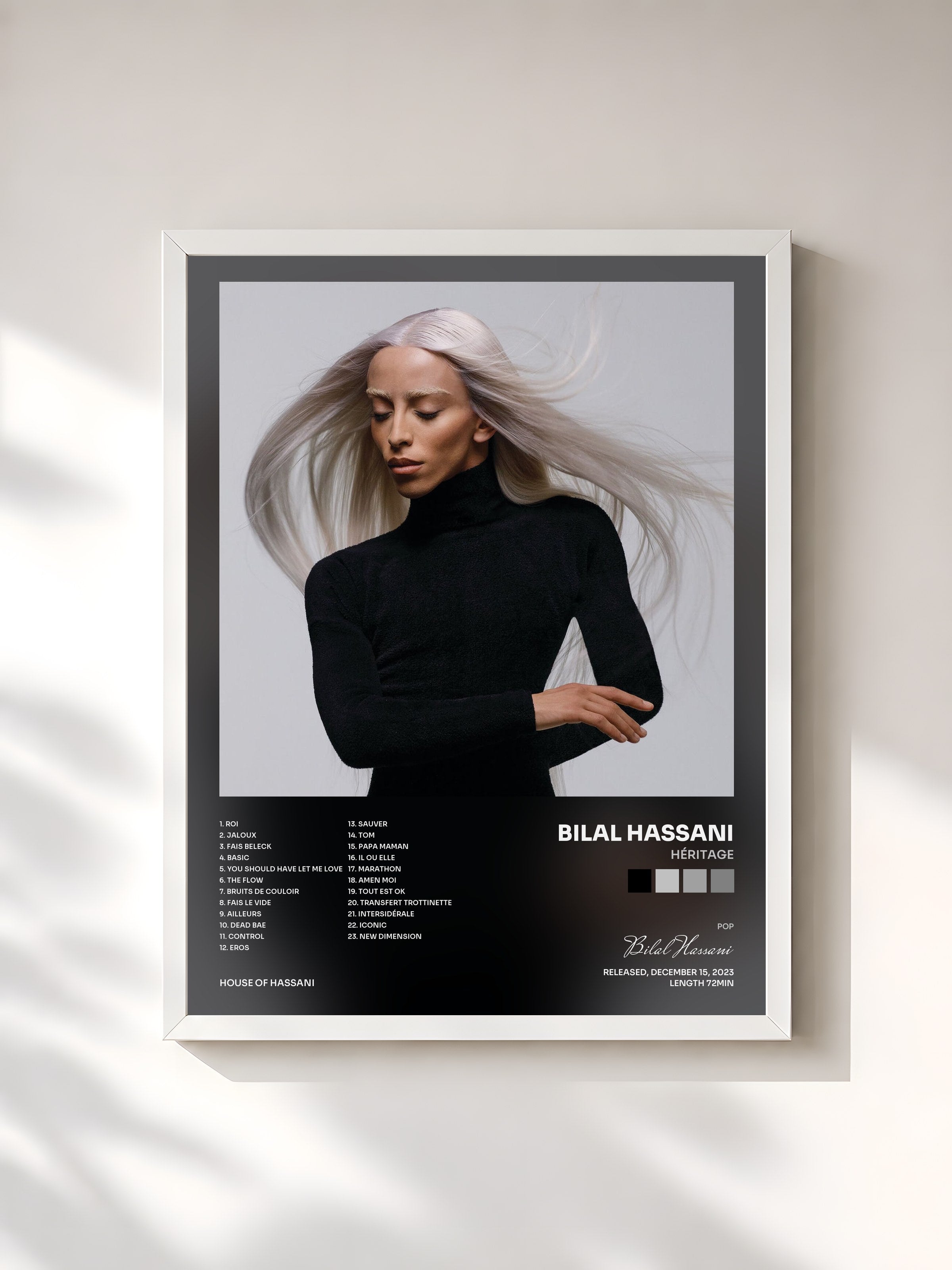 #blanc Tableau de l'album Héritage de Bilal Hassani, cadre blanc, imprimé et encadré en France