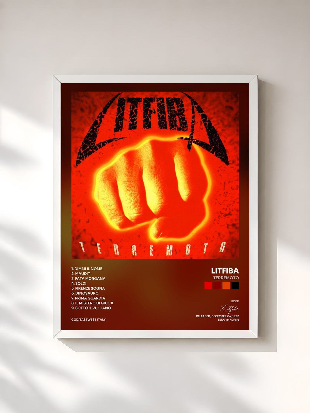 #blanc Terremoto by Litfiba as a framed art print, white frame, printed and framed in France
